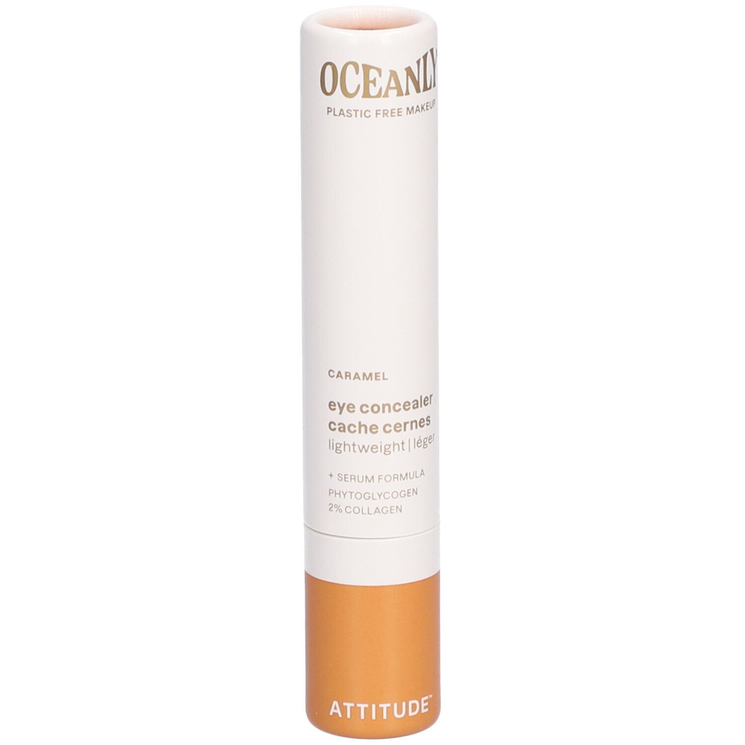 Correcteur cylindrique. Corps blanc, base marron. Texte: OCEANLY, Caramel, eye concealer, léger.