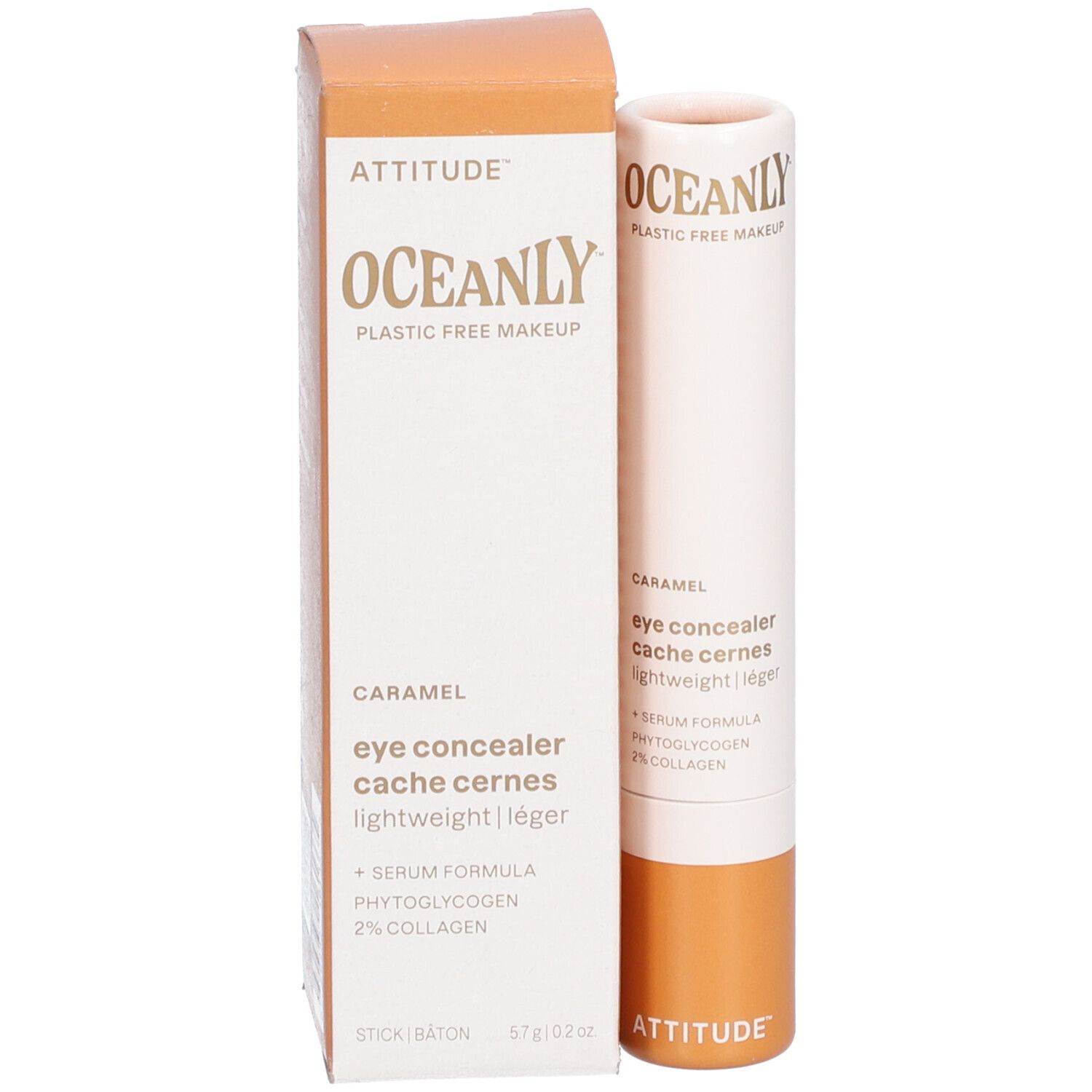 Emballage et produit correcteur. Emballage: ATTITUDE, OCEANLY. Produit: cylindre, base marron. Texte: Caramel, eye concealer.