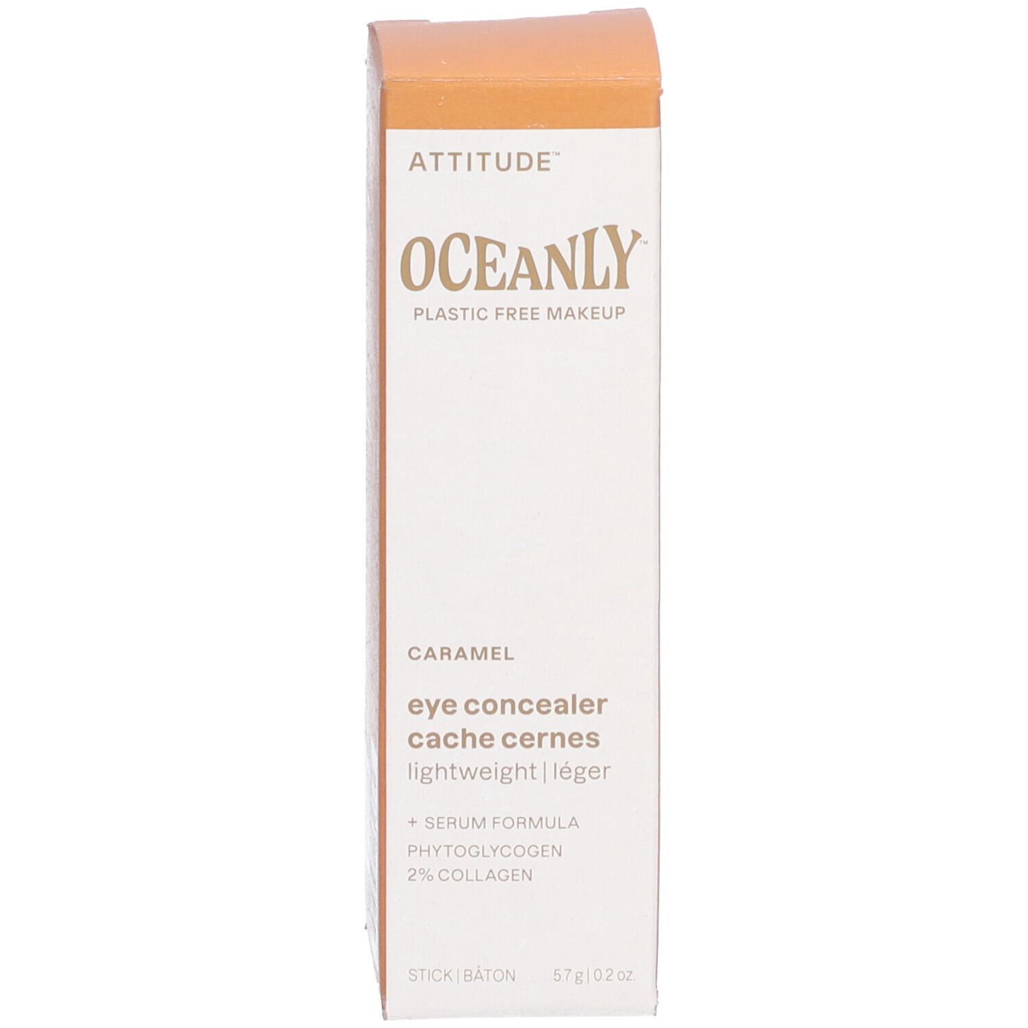Emballage correcteur. Texte: ATTITUDE, OCEANLY, Caramel, eye concealer, léger. Taille: 5,7g/0,2 oz.