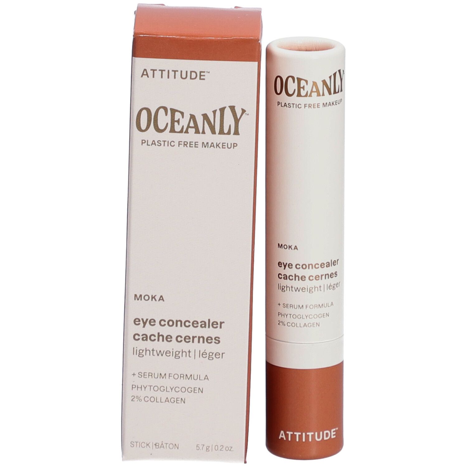 Bâton correcteur beige et emballage. Inscription: Attitude Oceanly Moka. Contient formule sérum, phytoglycogène, 2% collagène.