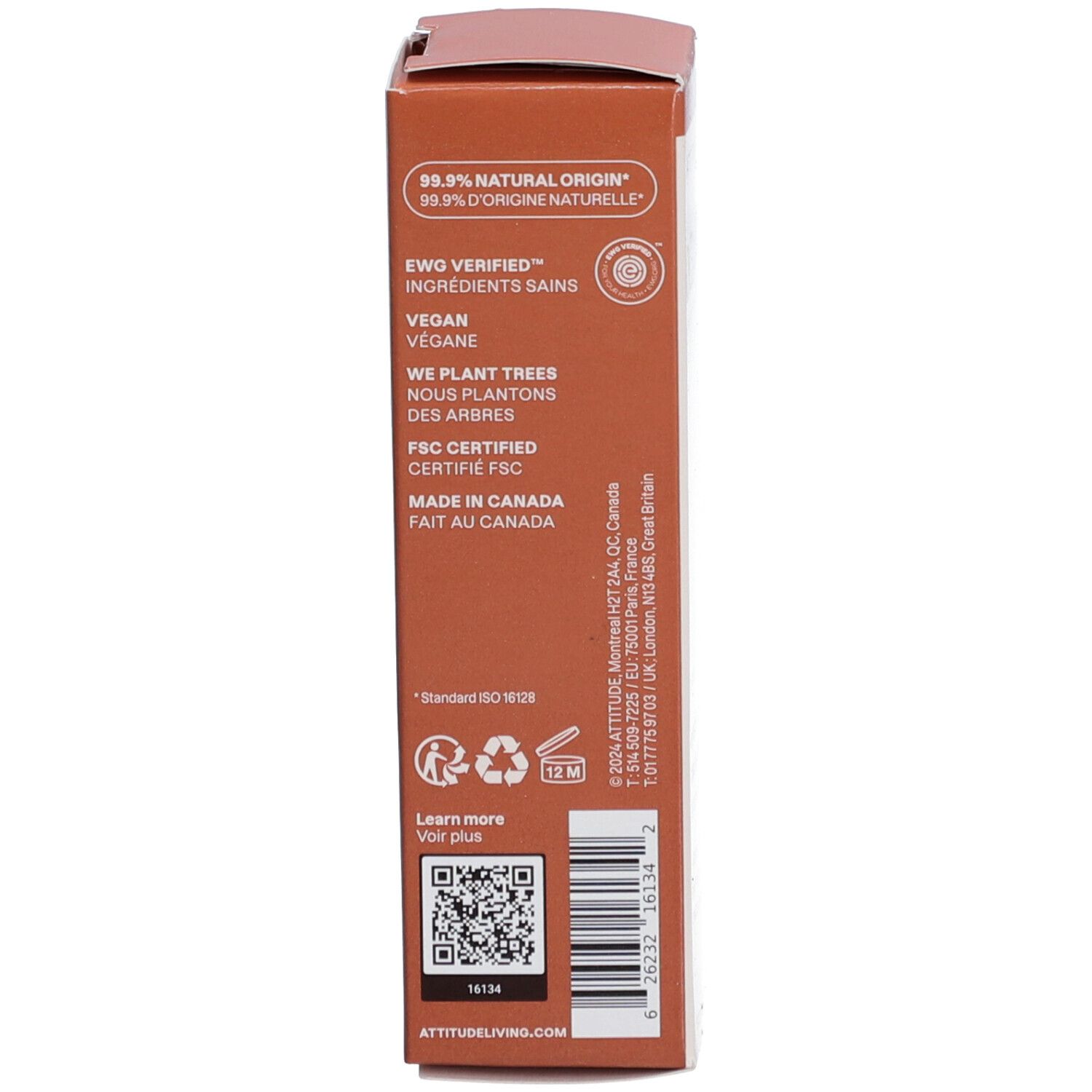 Emballage avec texte marron. Inscription: 99,9% d'origine naturelle, végétalien, certifié FSC, Fabriqué au Canada. Code QR.