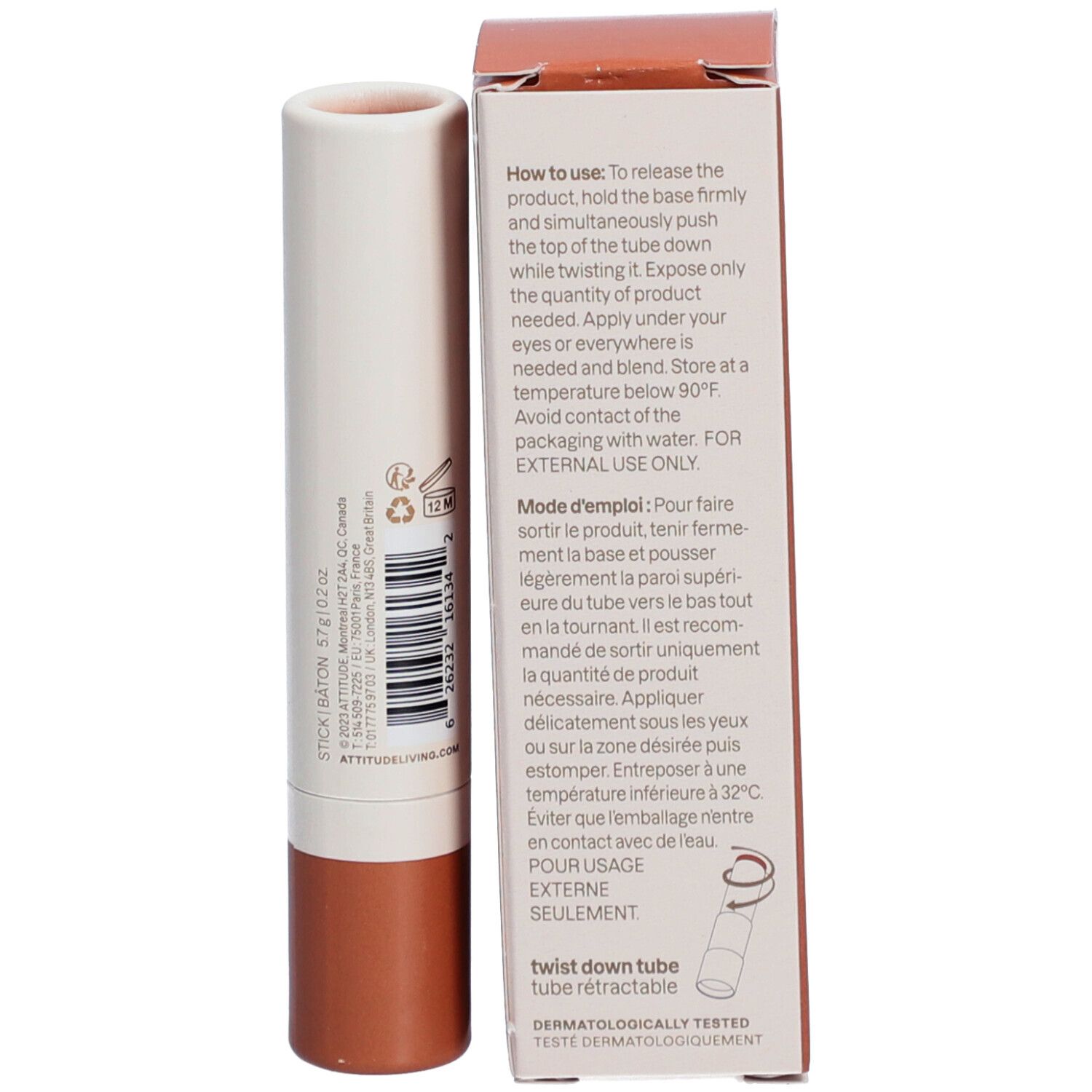 Emballage avec instructions. Inscription: Mode d'emploi, testé dermatologiquement. Illustration: rotation du bâton. Pour usage externe.