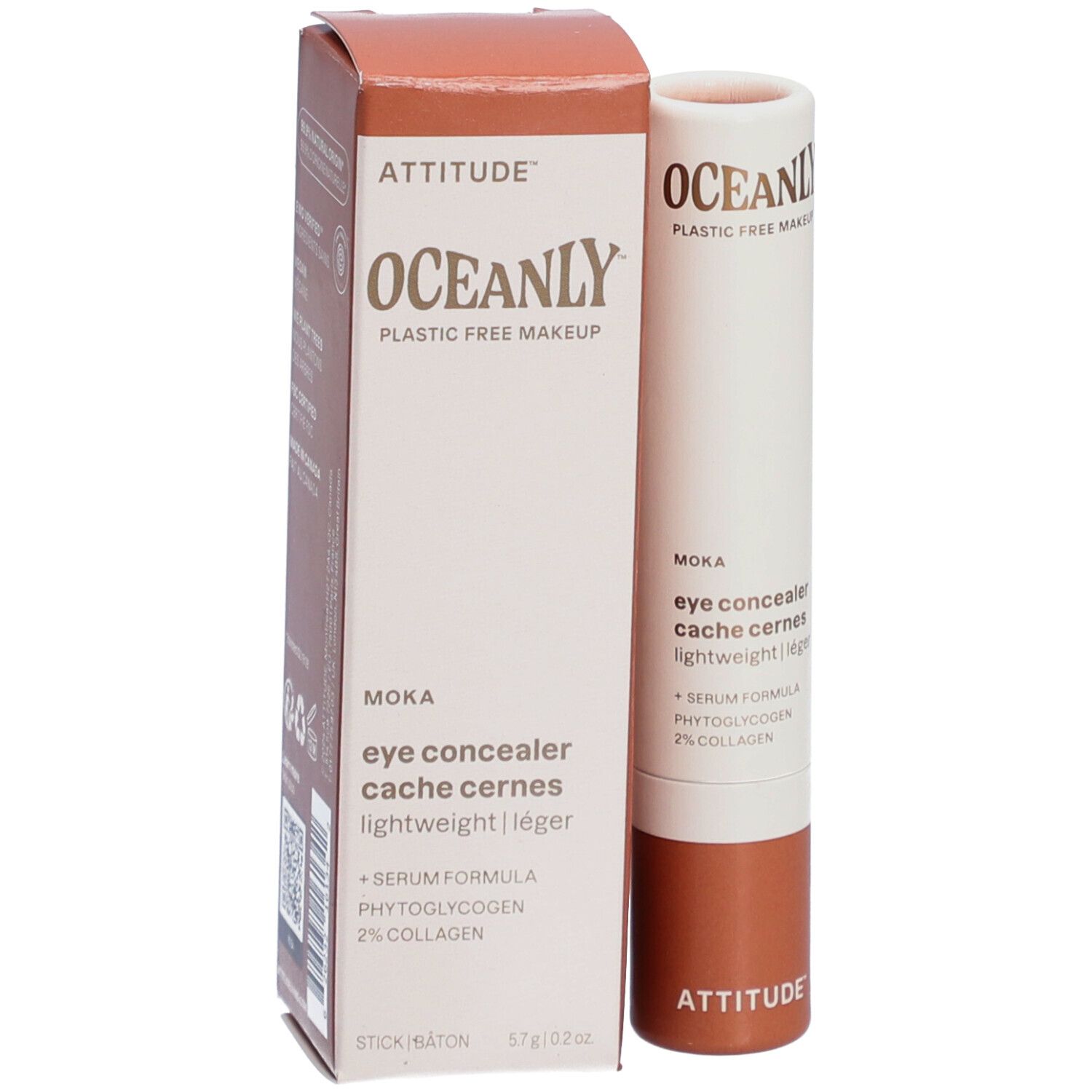 Bâton correcteur beige et emballage. Inscription: Attitude Oceanly Moka. Contient formule sérum, phytoglycogène, 2% collagène.