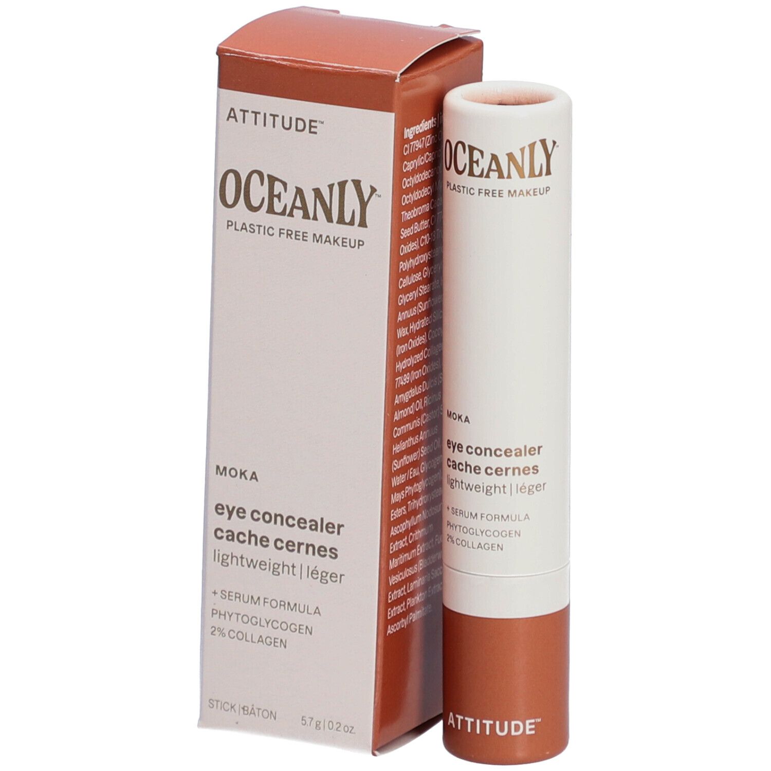 Bâton correcteur beige et emballage. Inscription: Attitude Oceanly Moka. Contient formule sérum, phytoglycogène, 2% collagène.