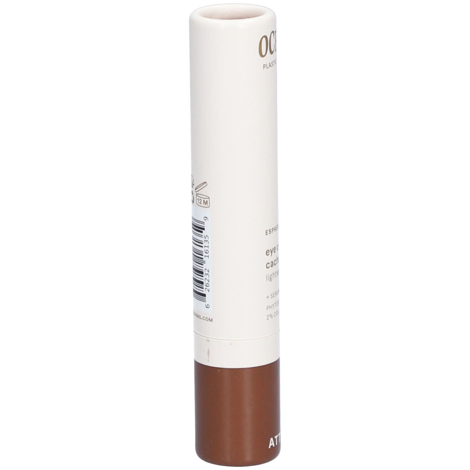 Cilindrische oogconcealer. Witte behuizing, bruine basis. Barcode en tekst op de achterkant.