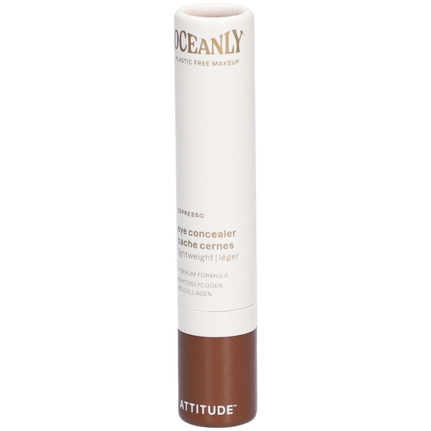 Cilindrische oogconcealer. Witte behuizing, bruine basis. Opschriften: OCEANLY, ATTITUDE, Espresso, eye concealer.
