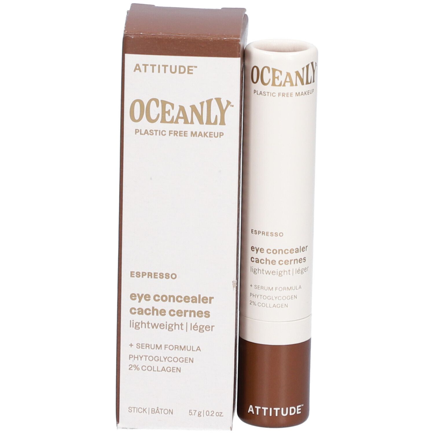 Oogconcealer met verpakking. Witte concealer, bruine verpakking. Opschriften: OCEANLY, ATTITUDE, Espresso, eye concealer.