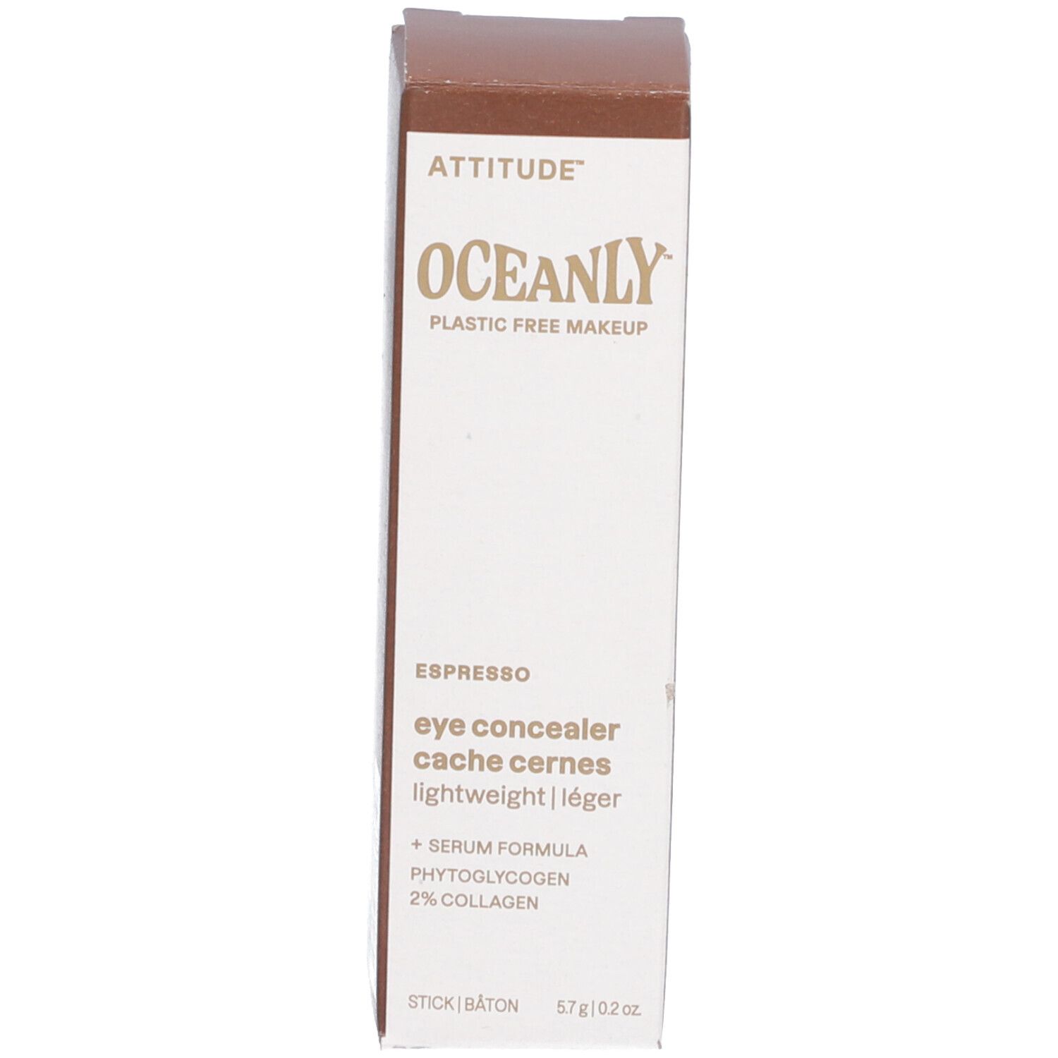 Verpakking van de oogconcealer. Bruine verpakking. Opschriften: ATTITUDE, OCEANLY, Espresso, eye concealer.