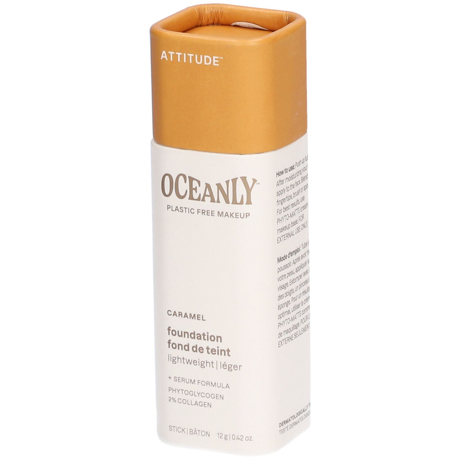 Fond de teint en bâton. Récipient blanc avec couvercle marron. Inscription : OCEANLY, Caramel, fond de teint, léger. 12g.