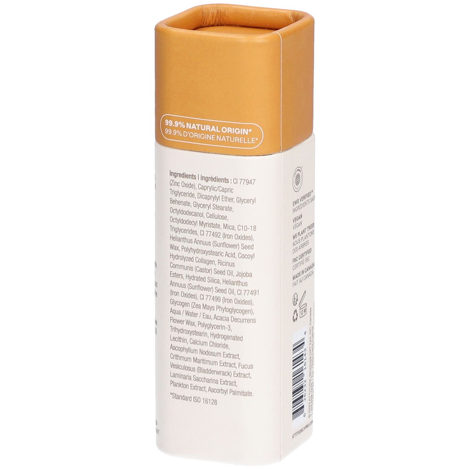 Bâton de fond de teint. Arrière avec ingrédients. 99,9% d'origine naturelle. Ingrédients en anglais.