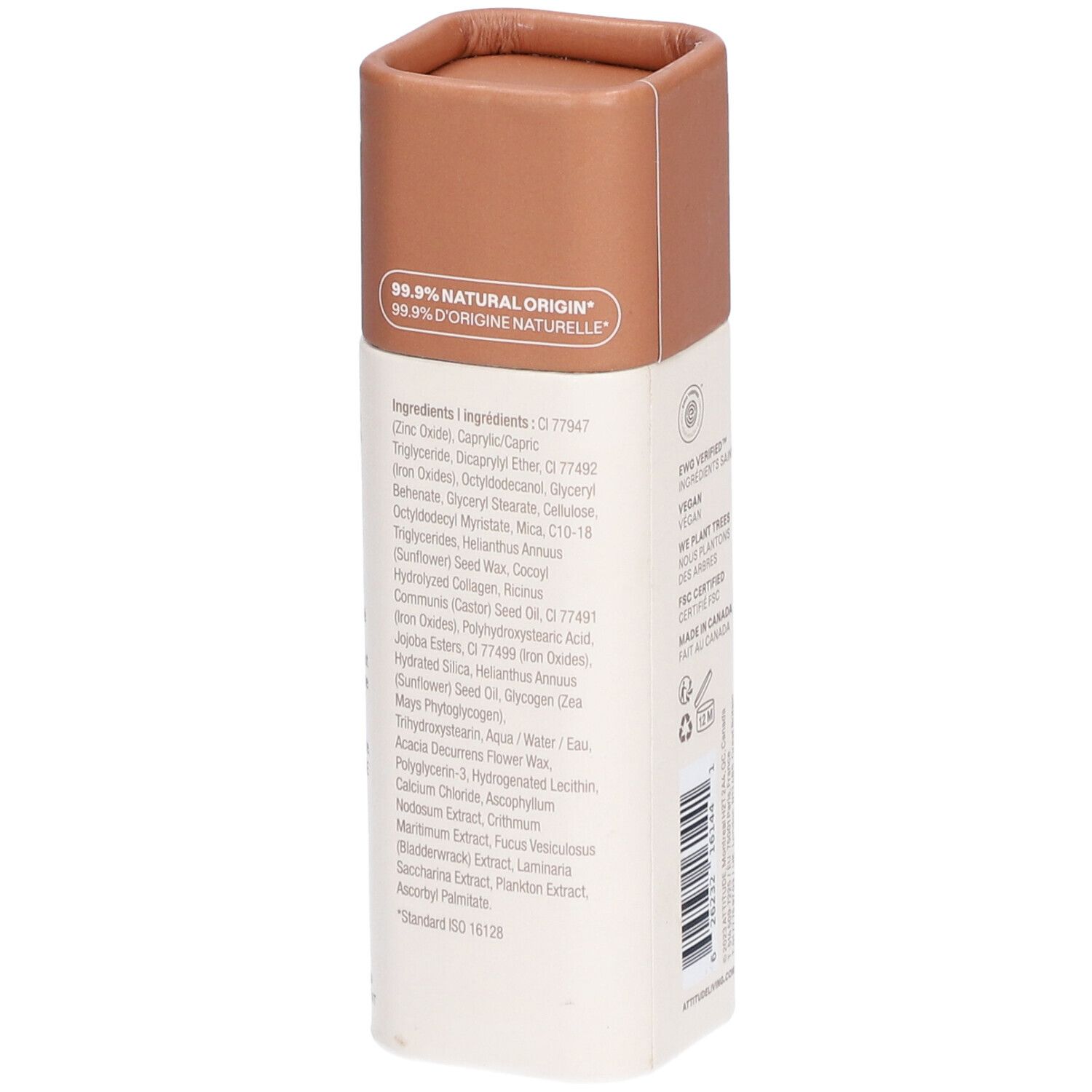 Fond de teint en bâton. Emballage blanc et marron. Liste des ingrédients. Inscription: 99,9% d'origine naturelle.