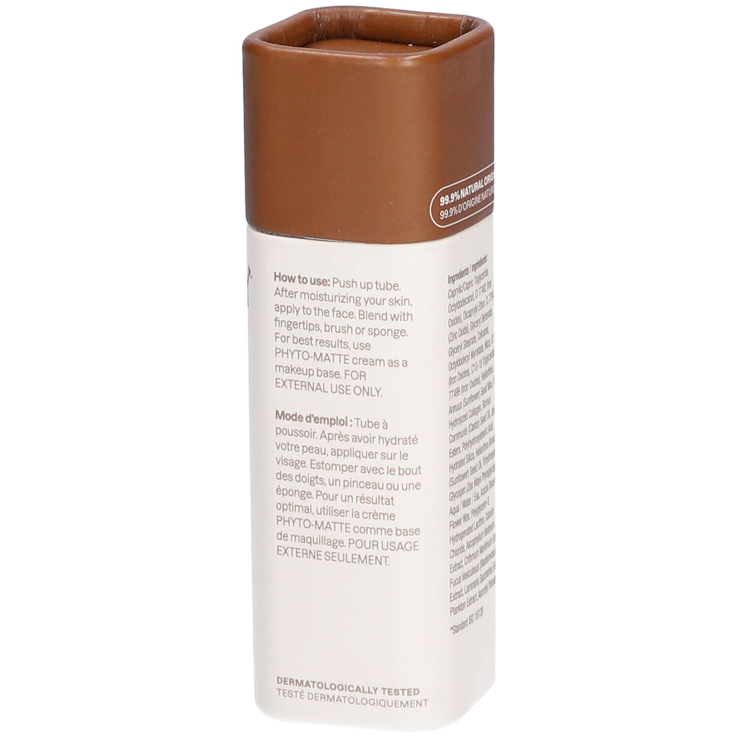 Bâton de fond de teint. Dos avec instructions d'utilisation. Texte: How to use, Mode d'emploi, Testé dermatologiquement.