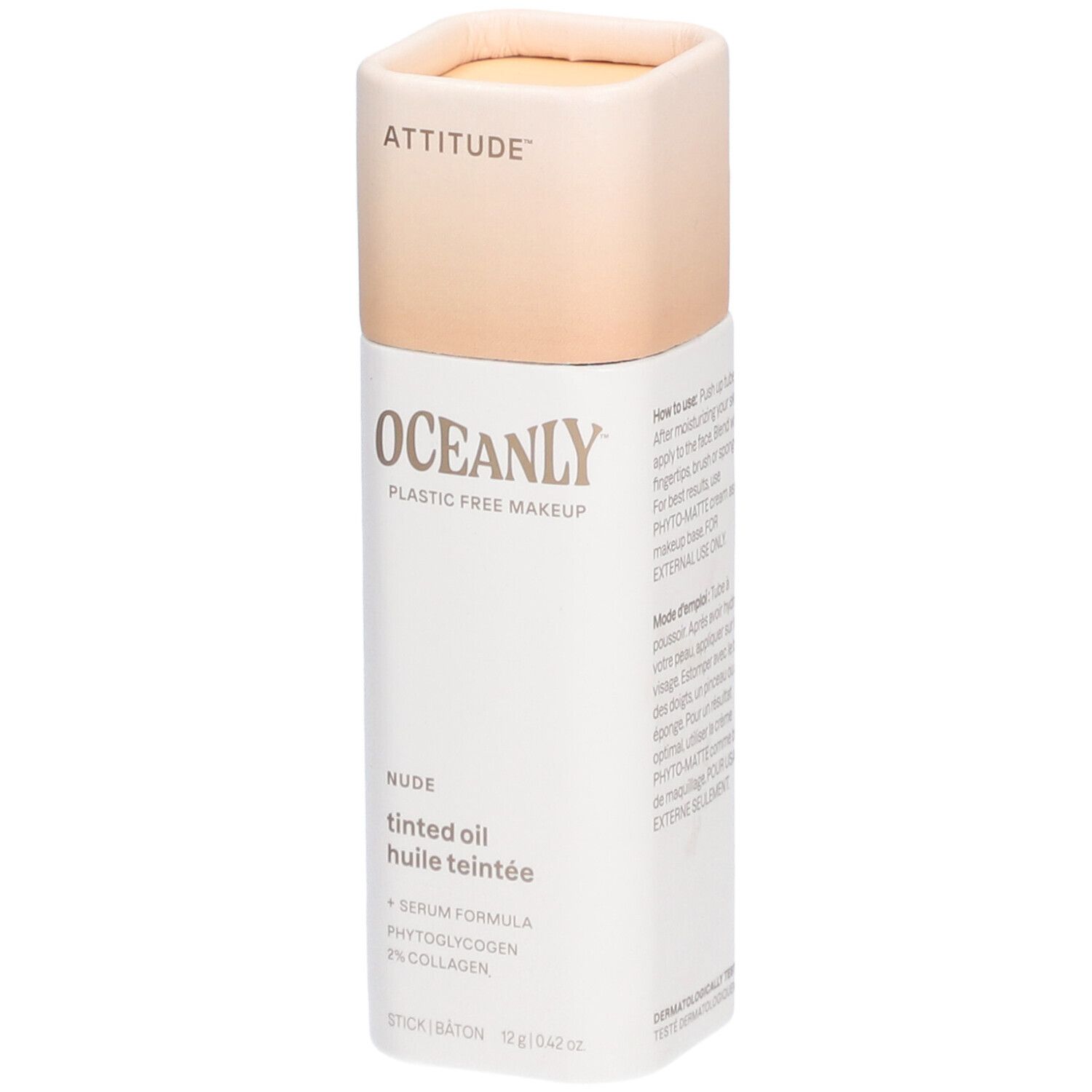 Cilindrische stick met deksel. Opschrift: ATTITUDE, OCEANLY, NUDE, getinte olie. Bevat serum, fytoglycogeen, 2% collageen.