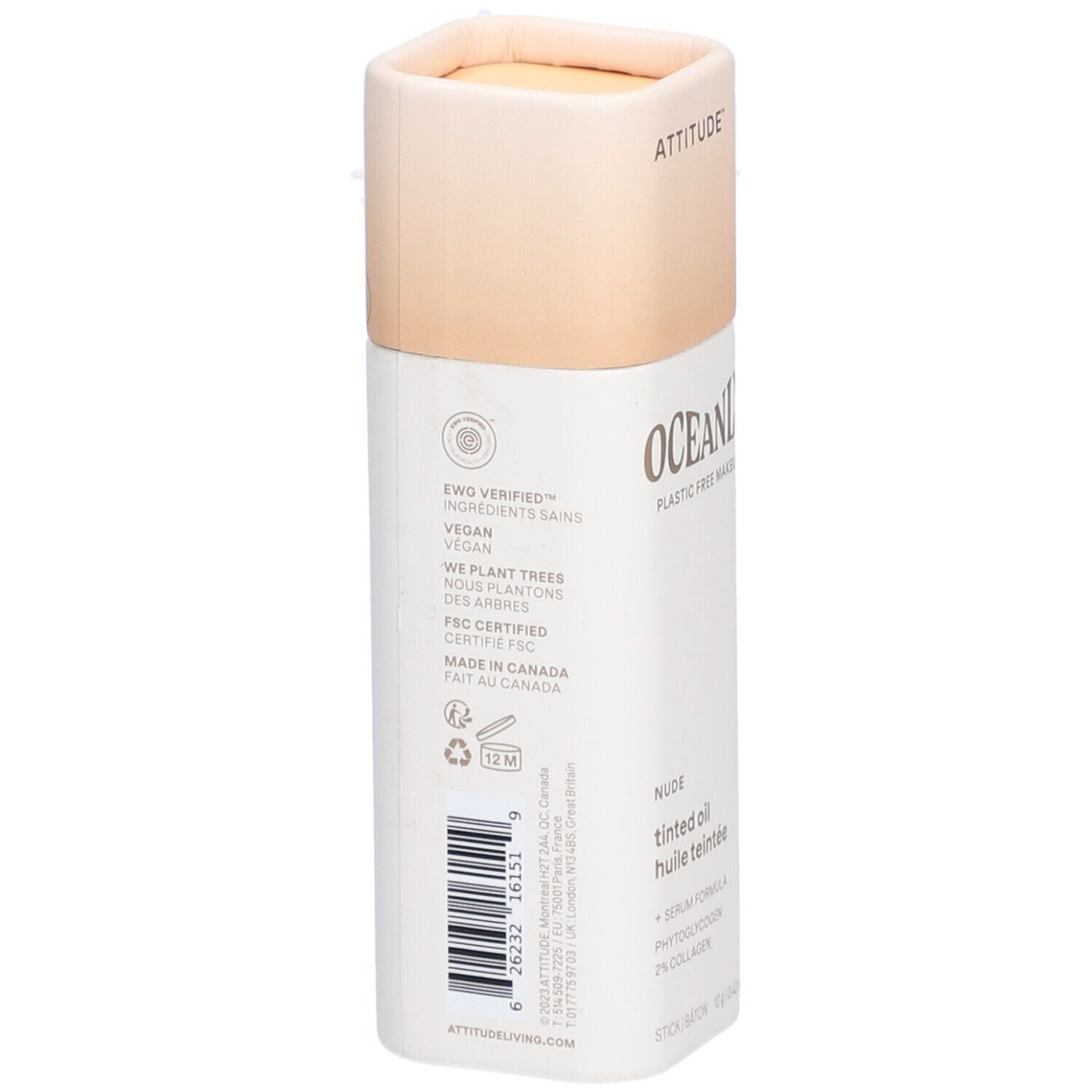 Achterkant van de stick. Opschrift: OCEANLY, EWG VERIFIED, vegan, FSC-gecertificeerd. Streepjescode en info over productie in Canada.