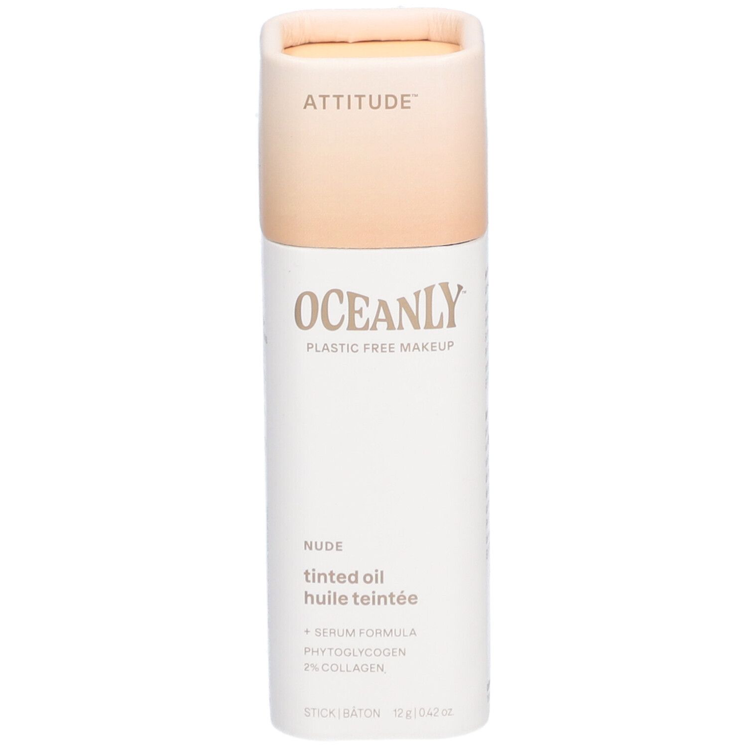 Cilindrische stick met deksel. Opschrift: ATTITUDE, OCEANLY, NUDE, getinte olie. Bevat serum, fytoglycogeen, 2% collageen.