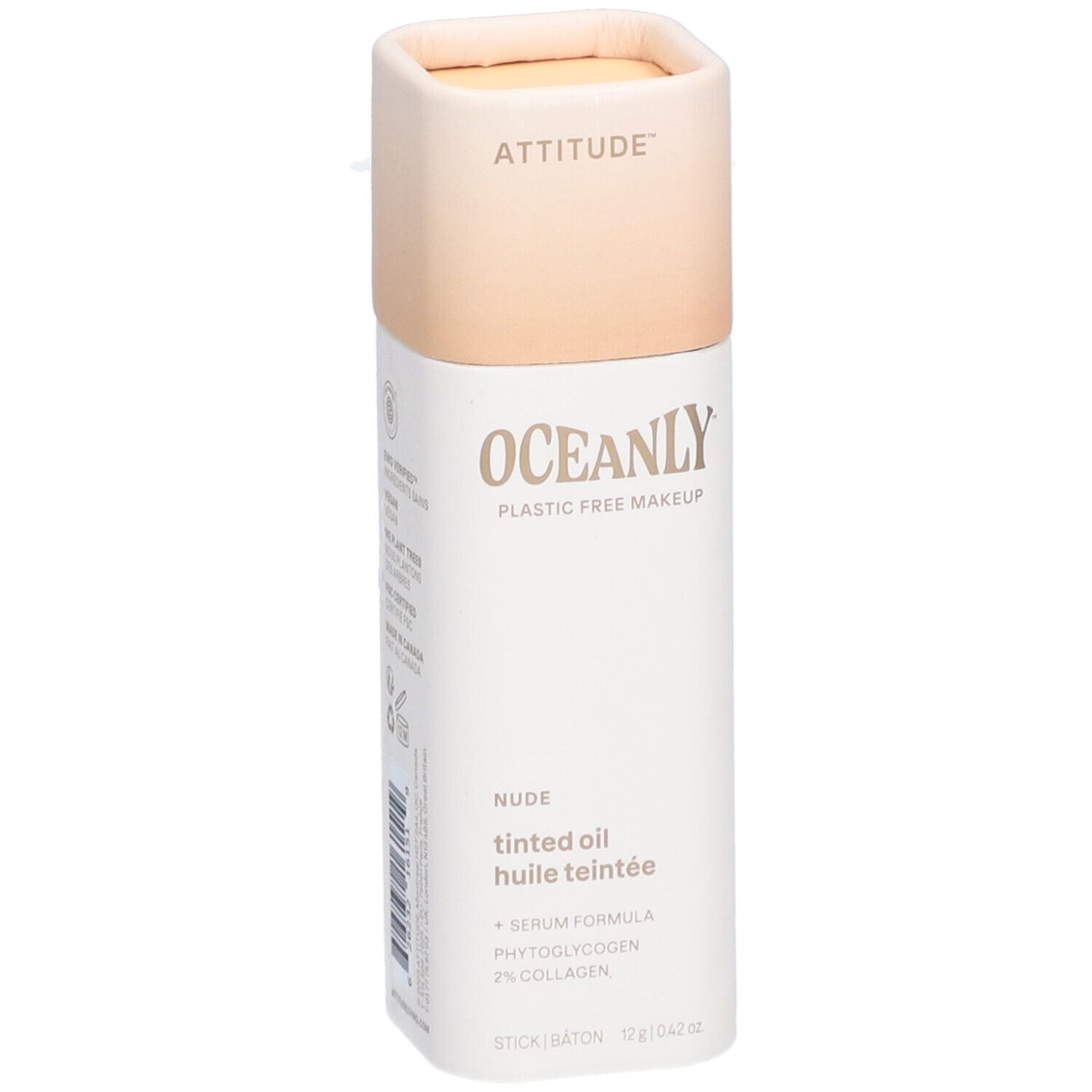 Cilindrische stick met deksel. Opschrift: ATTITUDE, OCEANLY, NUDE, getinte olie. Bevat serum, fytoglycogeen, 2% collageen.
