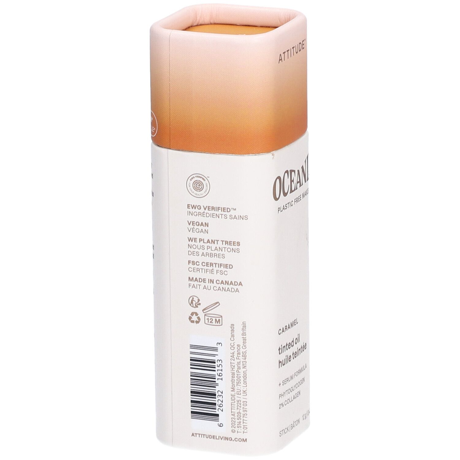 Cilindrische verpakking. OCEANLY, getinte olie. Tekst: Caramel, huile teintée. Certificeringen: Vegan, FSC. Gemaakt in Canada. 12M-symbool.
