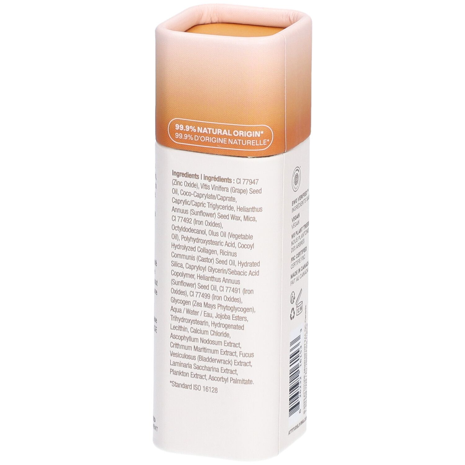 Cilindrische verpakking. OCEANLY, getinte olie. Tekst: Caramel, huile teintée. Ingrediëntenlijst. 99,9% natuurlijke oorsprong.
