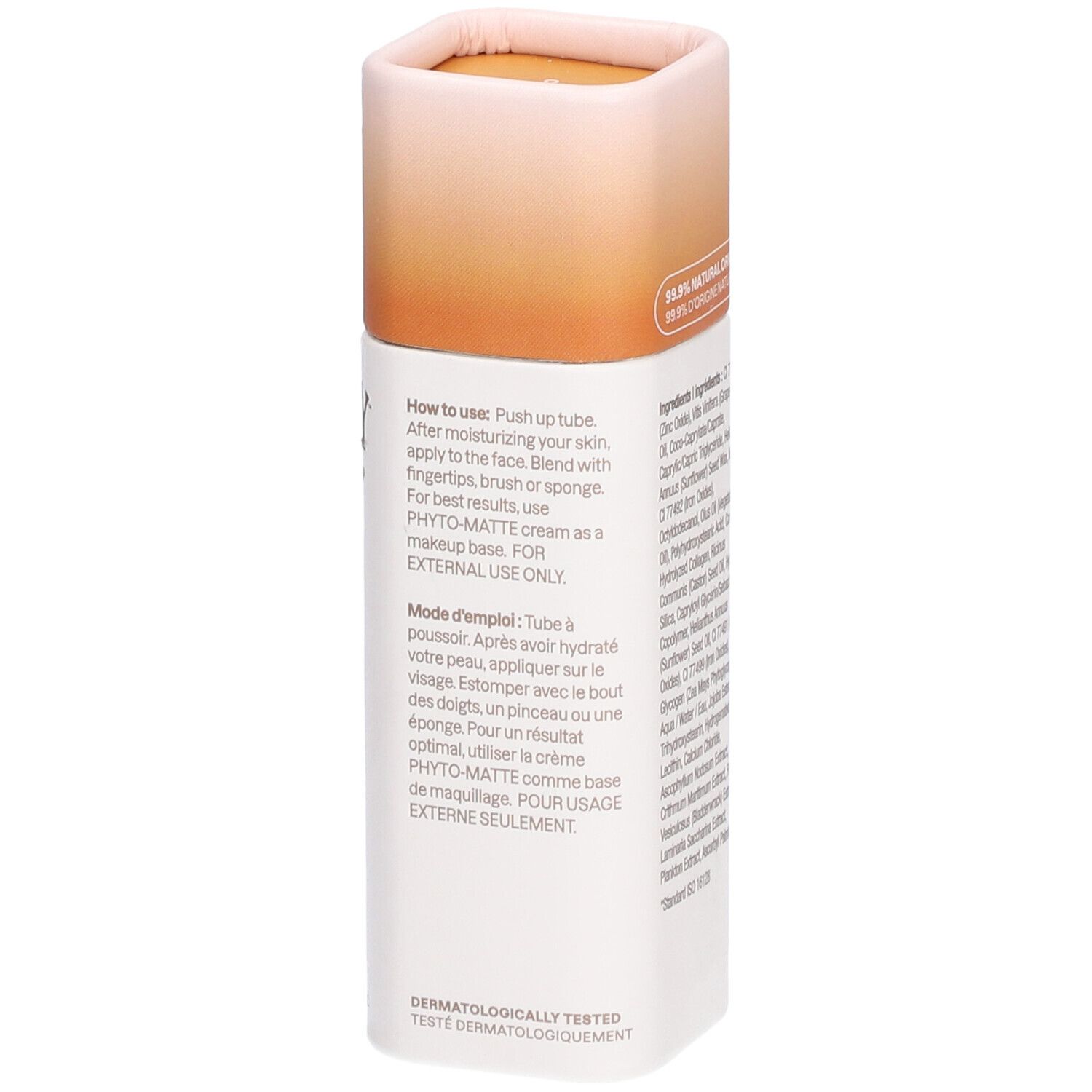 Cilindrische verpakking. OCEANLY, getinte olie. Tekst: Caramel, huile teintée. Gebruiksaanwijzing. Dermatologisch getest.