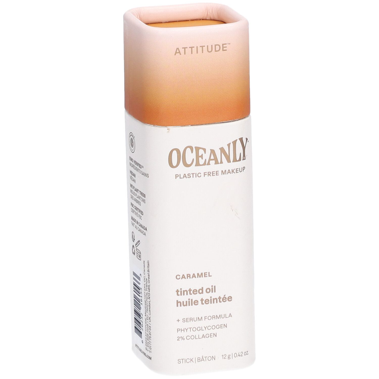 Cilindrische verpakking. OCEANLY, getinte olie. Tekst: Caramel, huile teintée. Ingrediënten: Serum, Fytoglycogeen, 2% collageen. 12g/0.42 oz.