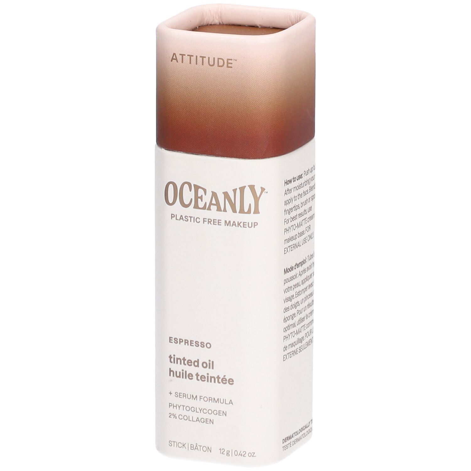 Cilindervormige container met bruin deksel. Tekst: ATTITUDE, OCEANLY, Espresso, getinte olie, serum, fytoglycogeen, 2% collageen.
