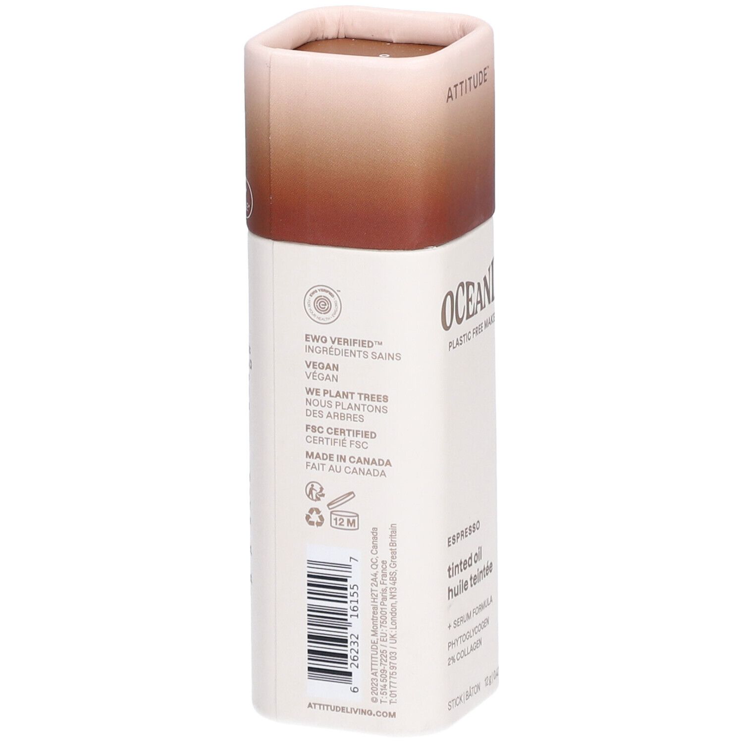 Cilindervormige container met bruin deksel. Tekst: OCEANLY, EWO VERIFIED, Vegan, FSC-gecertificeerd, Made in Canada.