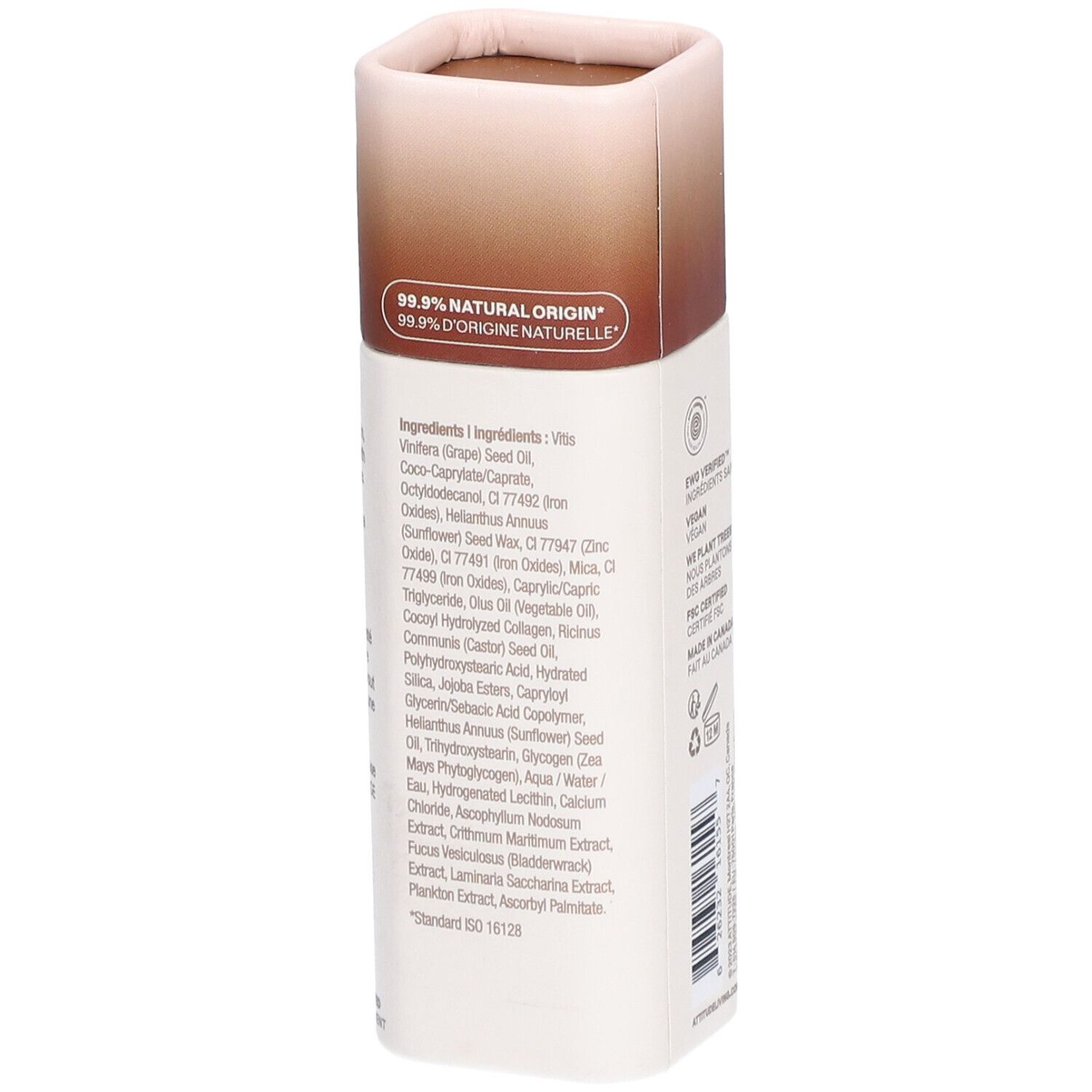 Cilindervormige container met bruin deksel. Tekst: 99,9% natuurlijke oorsprong, ingrediënten, ISO 16128-standaard.