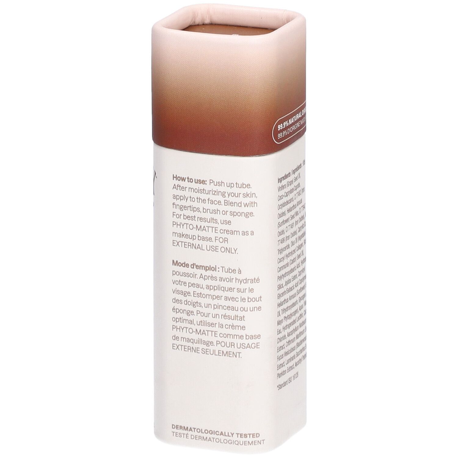 Cilindervormige container met bruin deksel. Tekst: Gebruiksaanwijzing, dermatologisch getest.