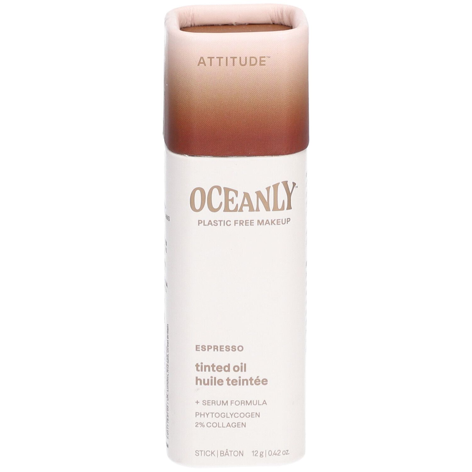 Cilindervormige container met bruin deksel. Tekst: ATTITUDE, OCEANLY, Espresso, getinte olie, serum, fytoglycogeen, 2% collageen.