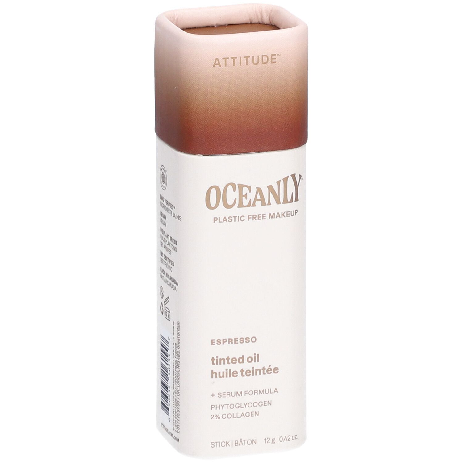 Cilindervormige container met bruin deksel. Tekst: ATTITUDE, OCEANLY, Espresso, getinte olie, serum, fytoglycogeen, 2% collageen.