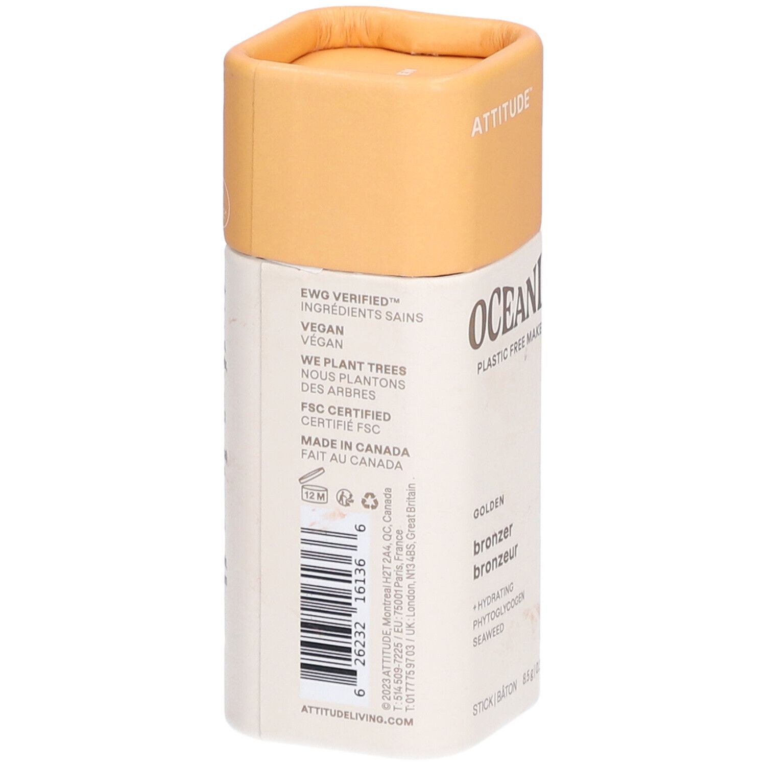 Cilindervormige houder met deksel. Opschrift: OCEANLY, bronzer, vegan, FSC-gecertificeerd. Gemaakt in Canada.