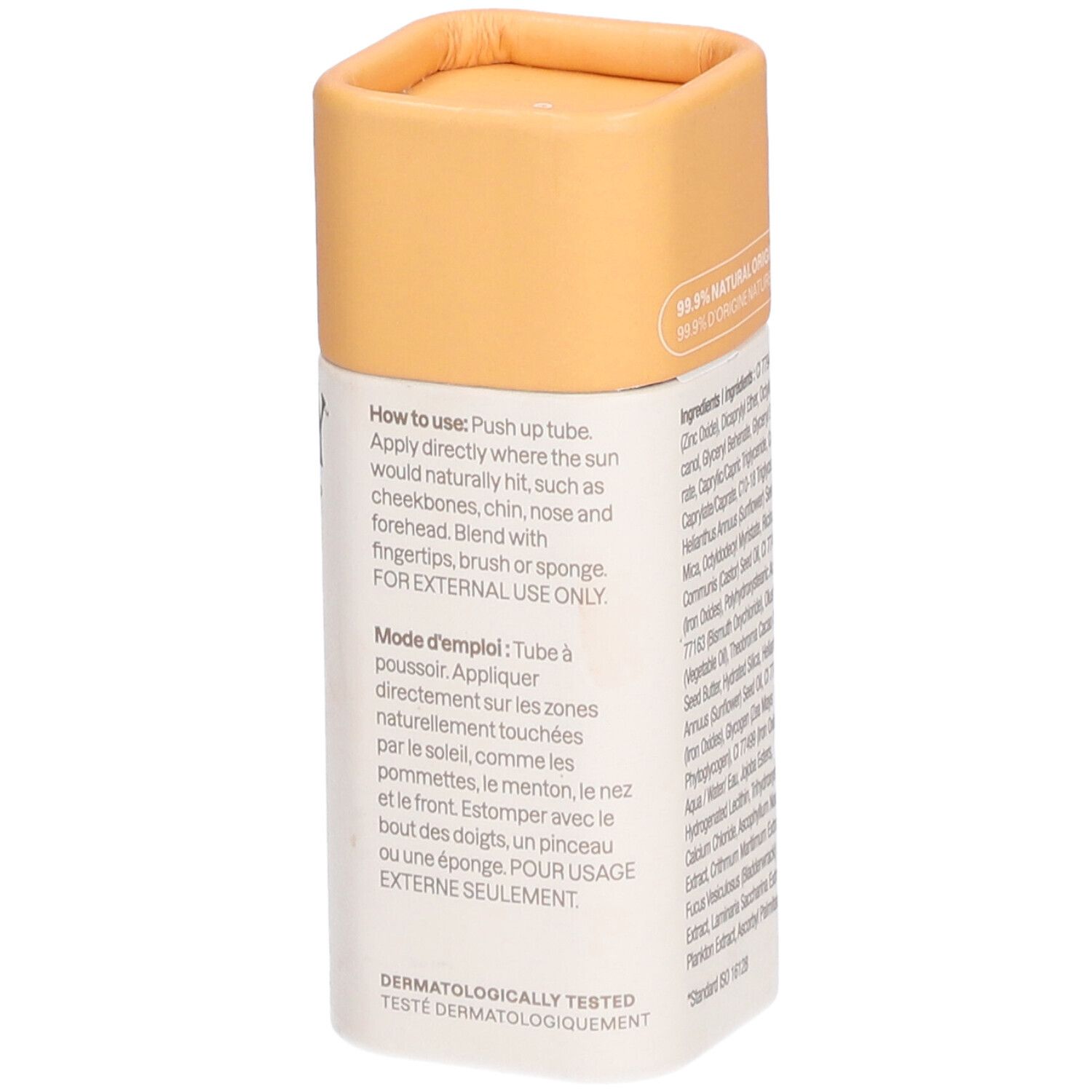 Cilindervormige houder met deksel. Opschrift: Gebruiksaanwijzing. Dermatologisch getest.