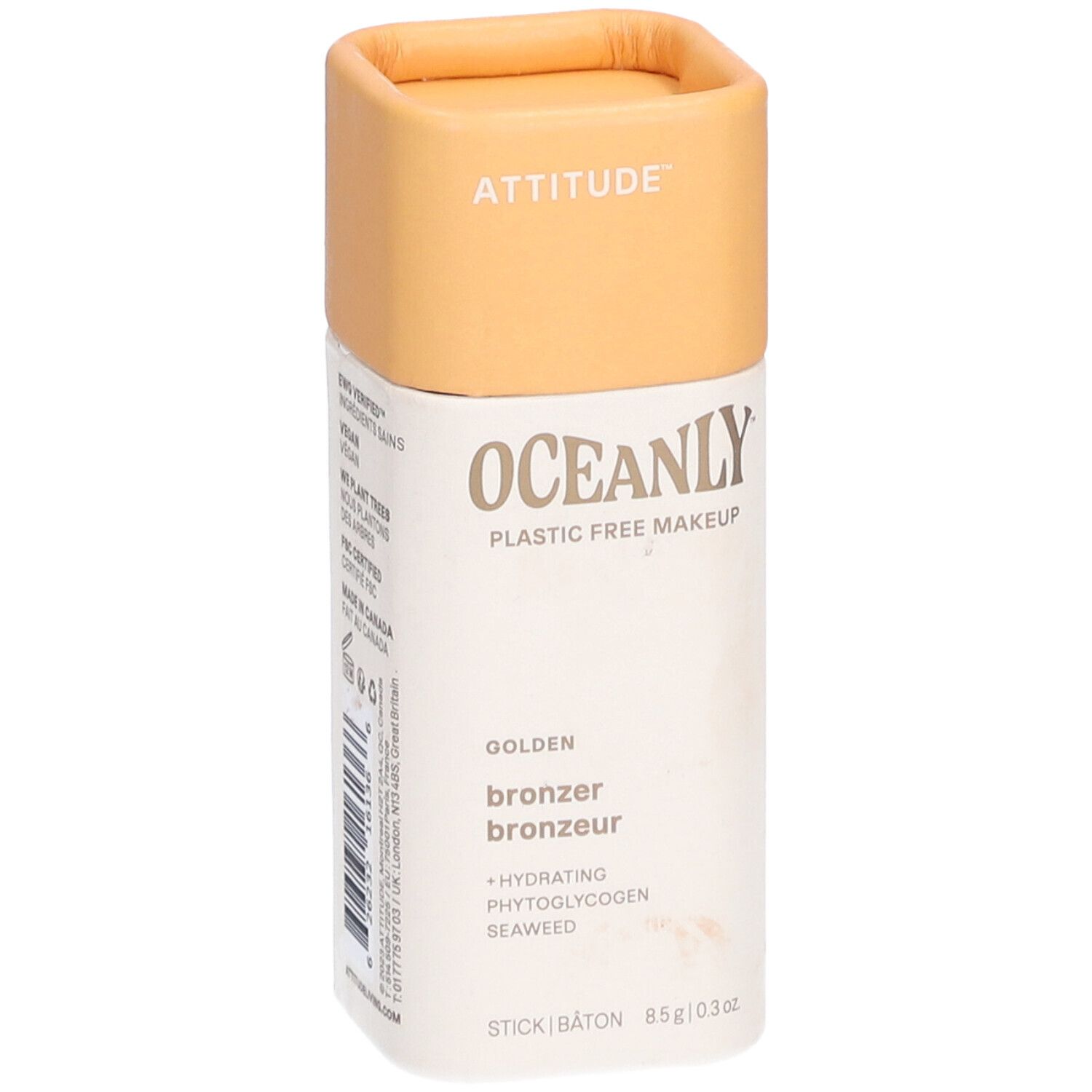 Cilindervormige houder met deksel. Opschrift: ATTITUDE, OCEANLY, bronzer, 8,5g/0,3oz. Gouden tint.