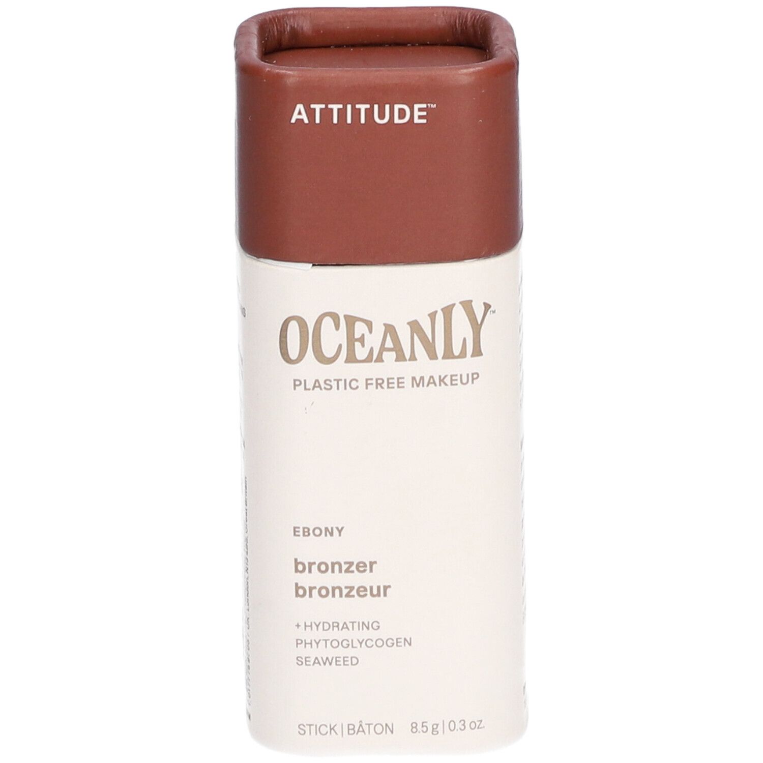 Bronzer-stick met bruin deksel. Merk: ATTITUDE, product: OCEANLY, Ebony, bronzer, bronzer. Hydraterend, Fytoglycogeen, Zeewier.