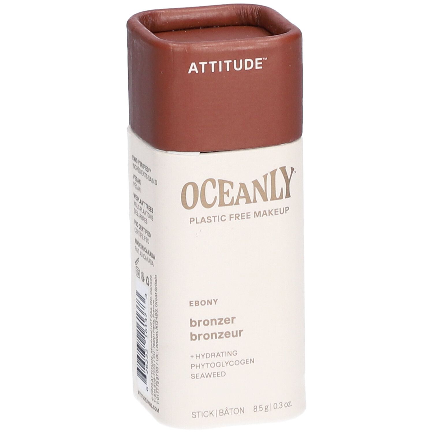 Bronzer-stick met bruin deksel. Merk: ATTITUDE, product: OCEANLY, Ebony, bronzer, bronzer. Hydraterend, Fytoglycogeen, Zeewier.