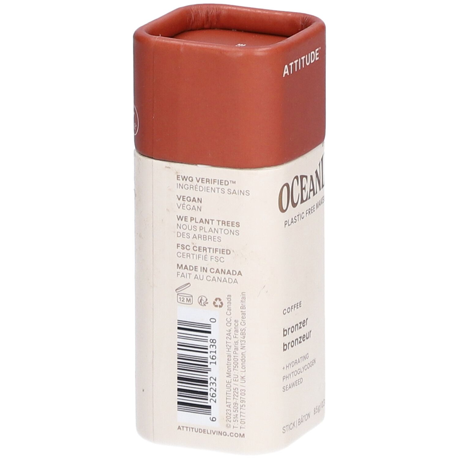 Stick bronzer avec couvercle marron. Inscriptions : OCEANLY, café, bronzer. Végétalien, certifié FSC. Fabriqué au Canada.