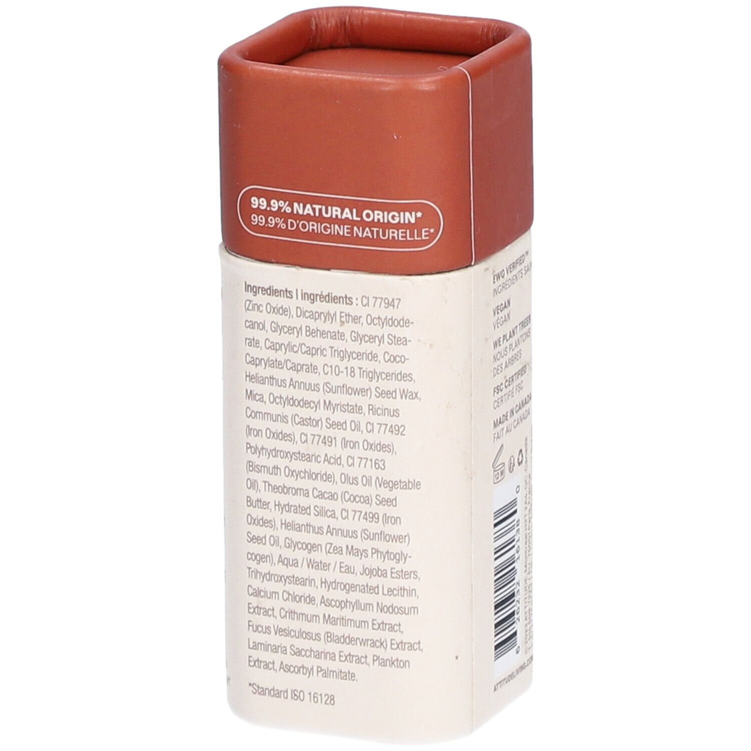 Stick bronzer avec couvercle marron. Inscription : 99,9% d'origine naturelle. Liste des ingrédients. Végétalien, FSC.