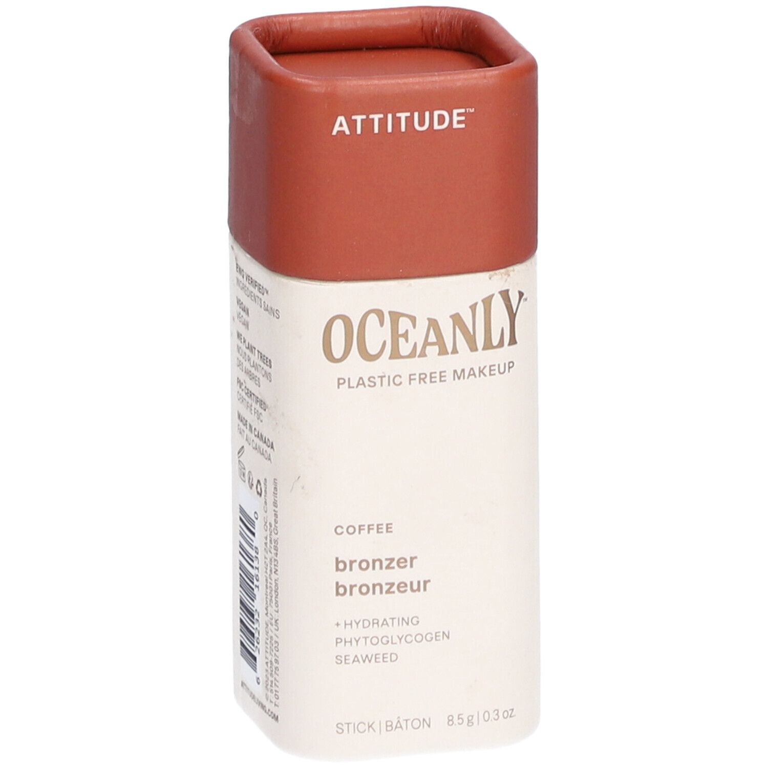 Stick bronzer cylindrique avec couvercle marron. Inscriptions : ATTITUDE, OCEANLY, bronzer, café. 8,5g.