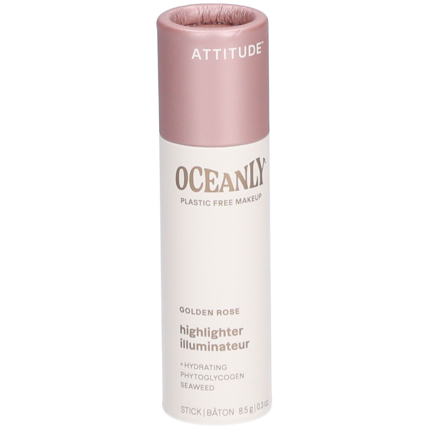 Bâtonnet avec bouchon rose. Inscriptions: ATTITUDE, OCEANLY, Golden Rose Highlighter. Ingrédients: Hydratant, Phytoglycogène, Algues.