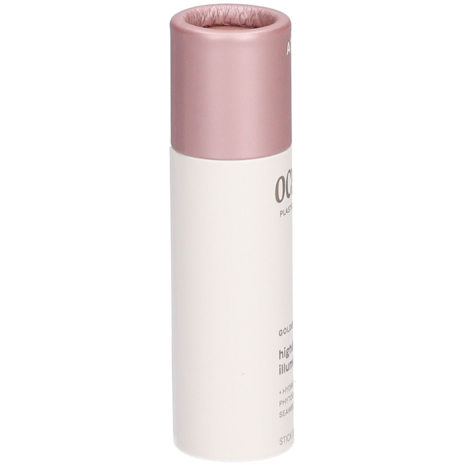 Bâtonnet avec bouchon rose. Inscriptions: OCEANLY, Golden Rose Highlighter. Ingrédients: Hydratant, Phytoglycogène, Algues.