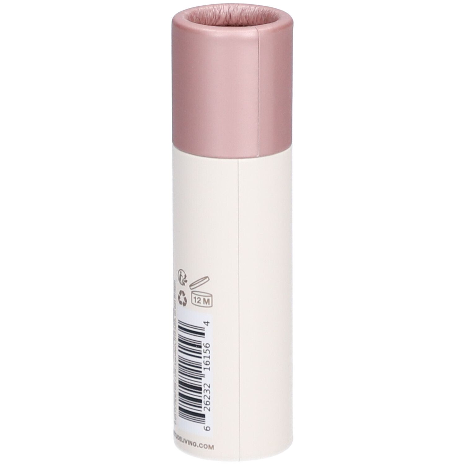 Bâtonnet avec bouchon rose. Inscriptions: OCEANLY, Golden Rose Highlighter. Code-barres et symboles de recyclage.