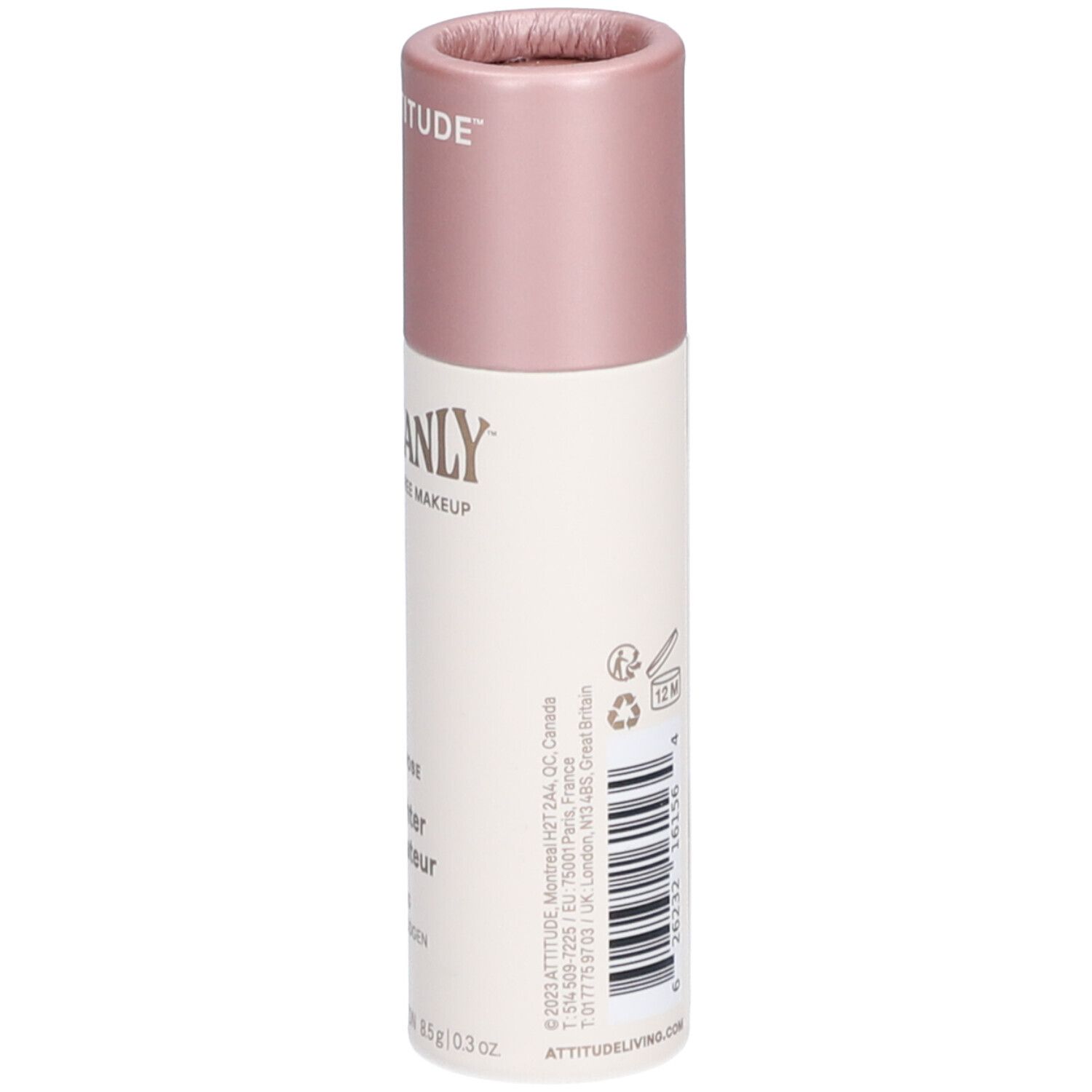 Bâtonnet avec bouchon rose. Inscriptions: ATTITUDE, OCEANLY, Golden Rose Highlighter. Adresse et code-barres.