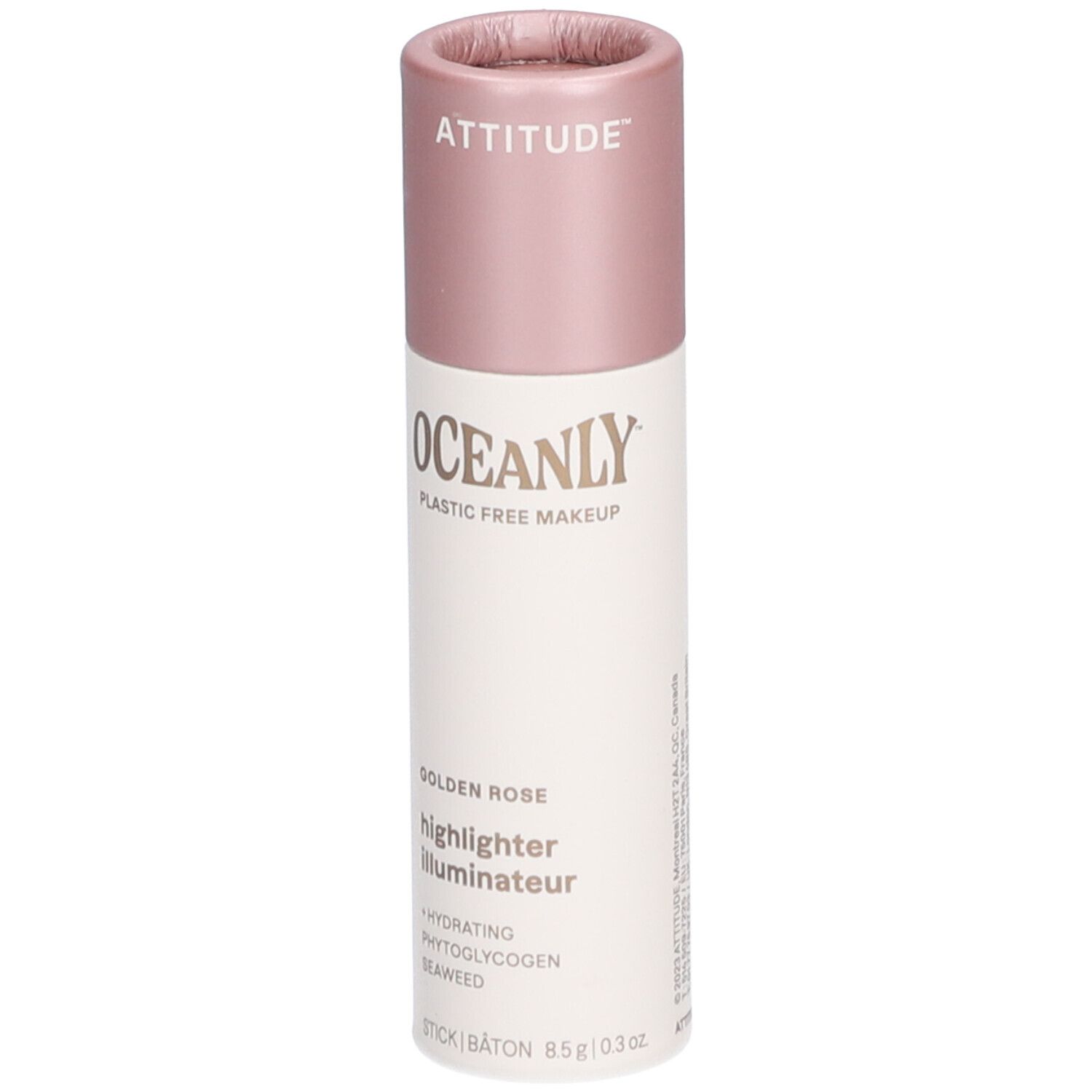 Bâtonnet avec bouchon rose. Inscriptions: ATTITUDE, OCEANLY, Golden Rose Highlighter. Ingrédients: Hydratant, Phytoglycogène, Algues.
