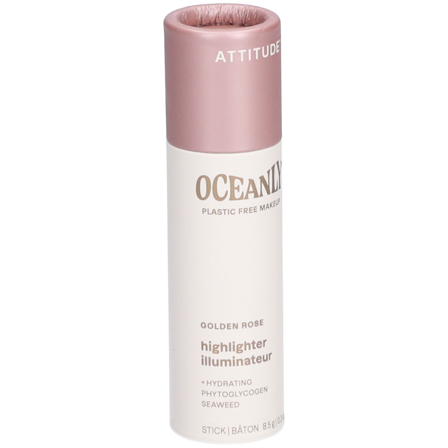 Bâtonnet avec bouchon rose. Inscriptions: ATTITUDE, OCEANLY, Golden Rose Highlighter. Ingrédients: Hydratant, Phytoglycogène, Algues.