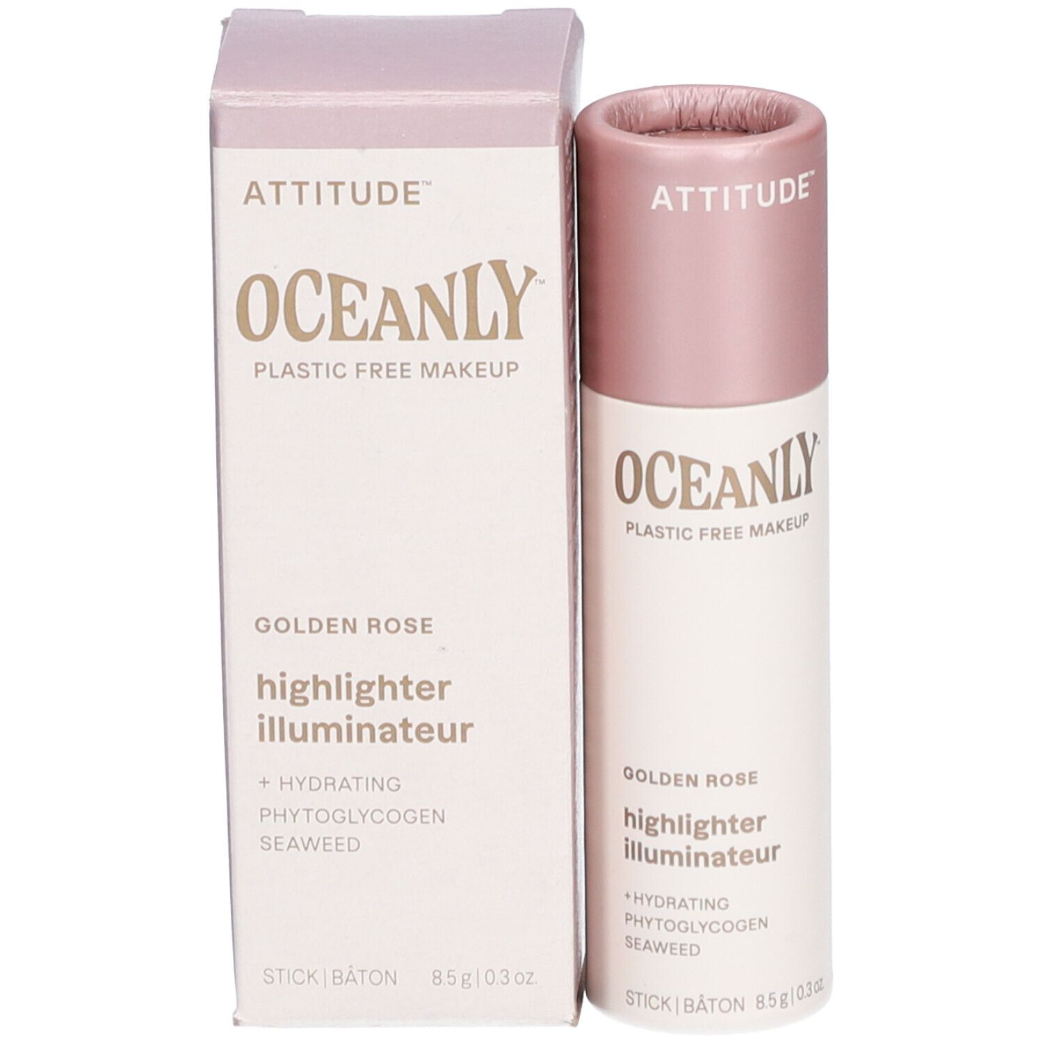Produit et emballage. Bâtonnet avec bouchon rose. Inscriptions: ATTITUDE, OCEANLY, Golden Rose Highlighter. Ingrédients.