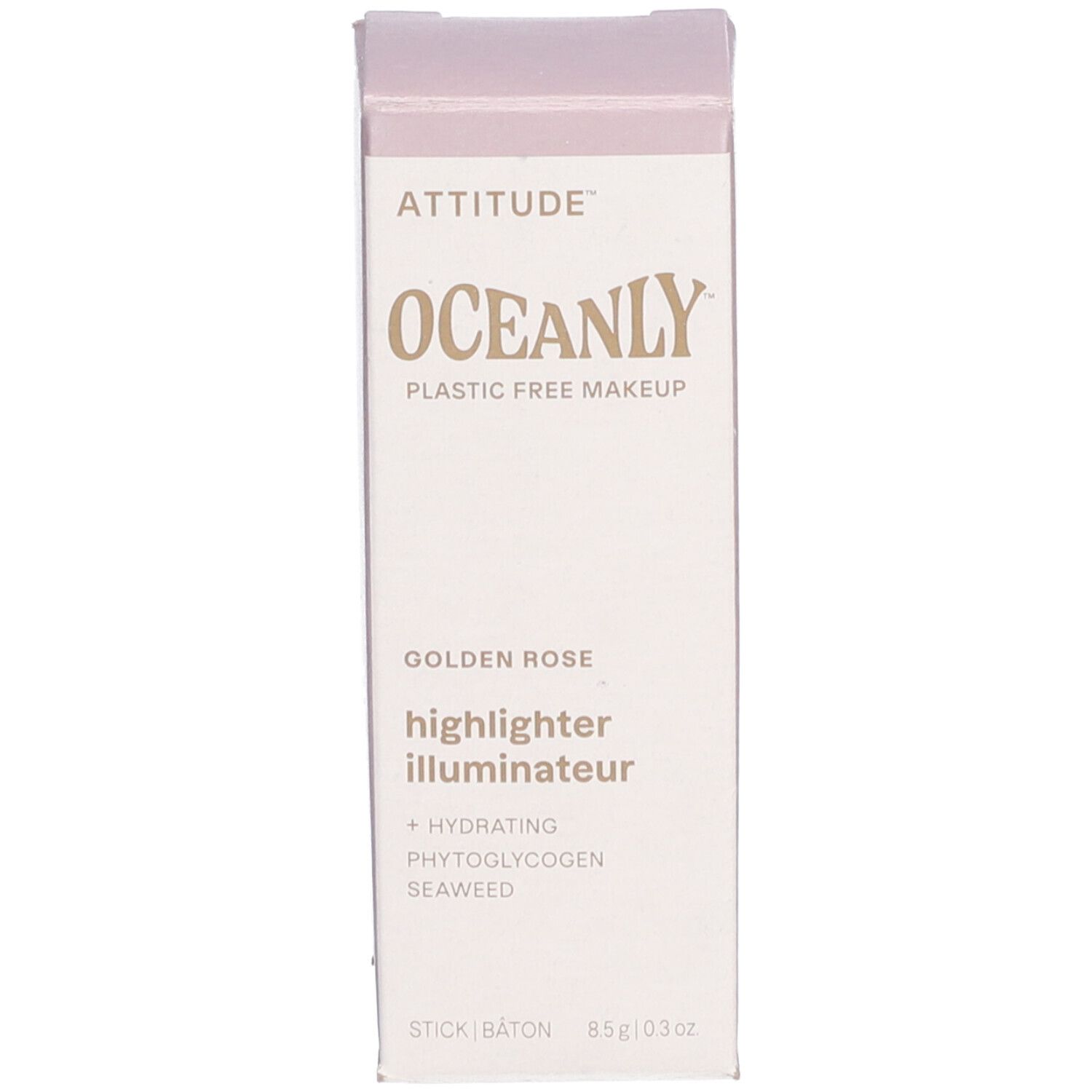 Emballage. Inscriptions: ATTITUDE, OCEANLY, Golden Rose Highlighter. Ingrédients: Hydratant, Phytoglycogène, Algues.