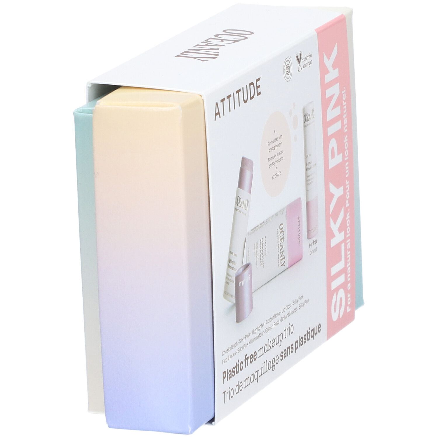 Coffret cadeau de trois produits cosmétiques. Vue en biais. Emballage avec images et texte.
