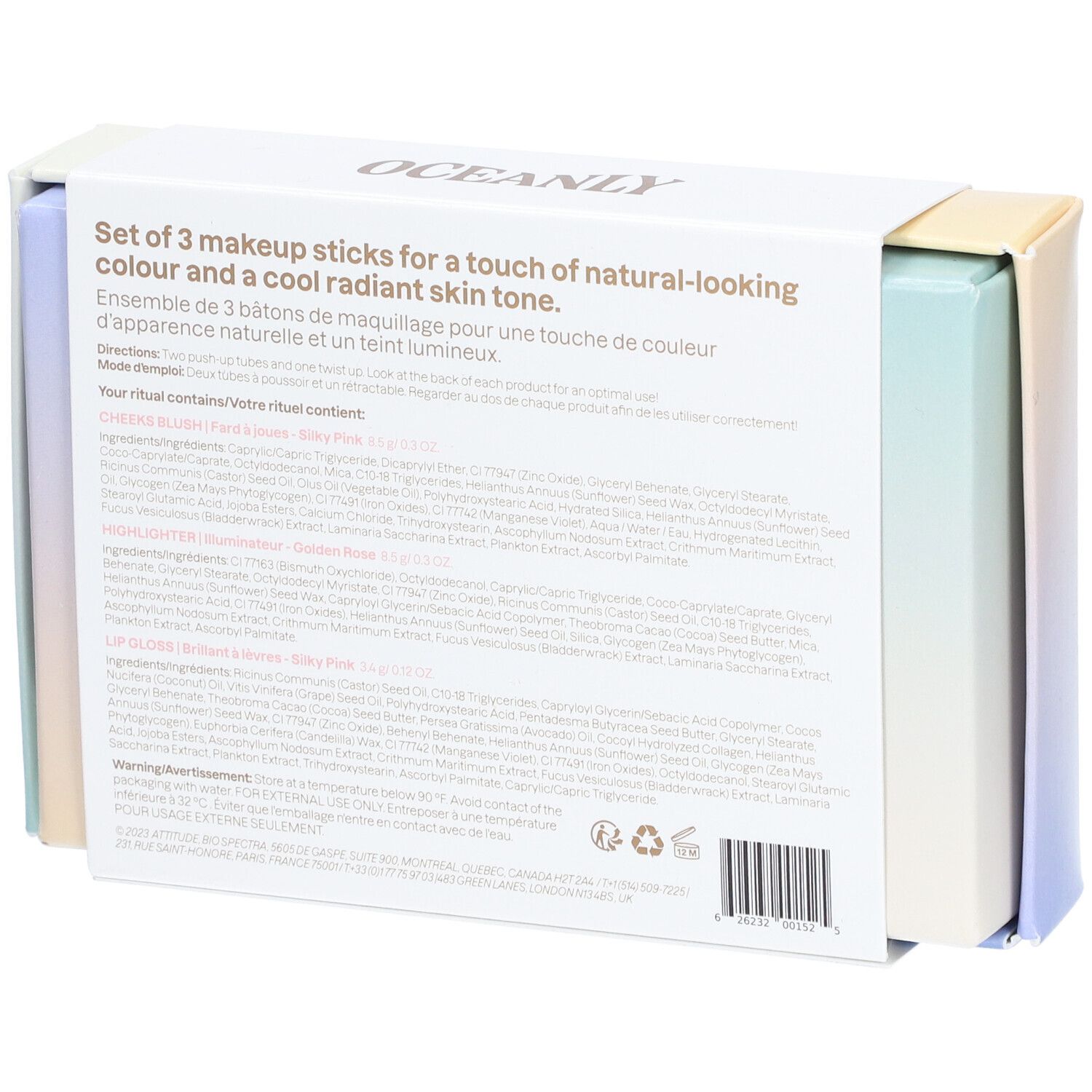 Dos du coffret cadeau. Texte avec ingrédients et instructions. Label végétalien et code-barres.