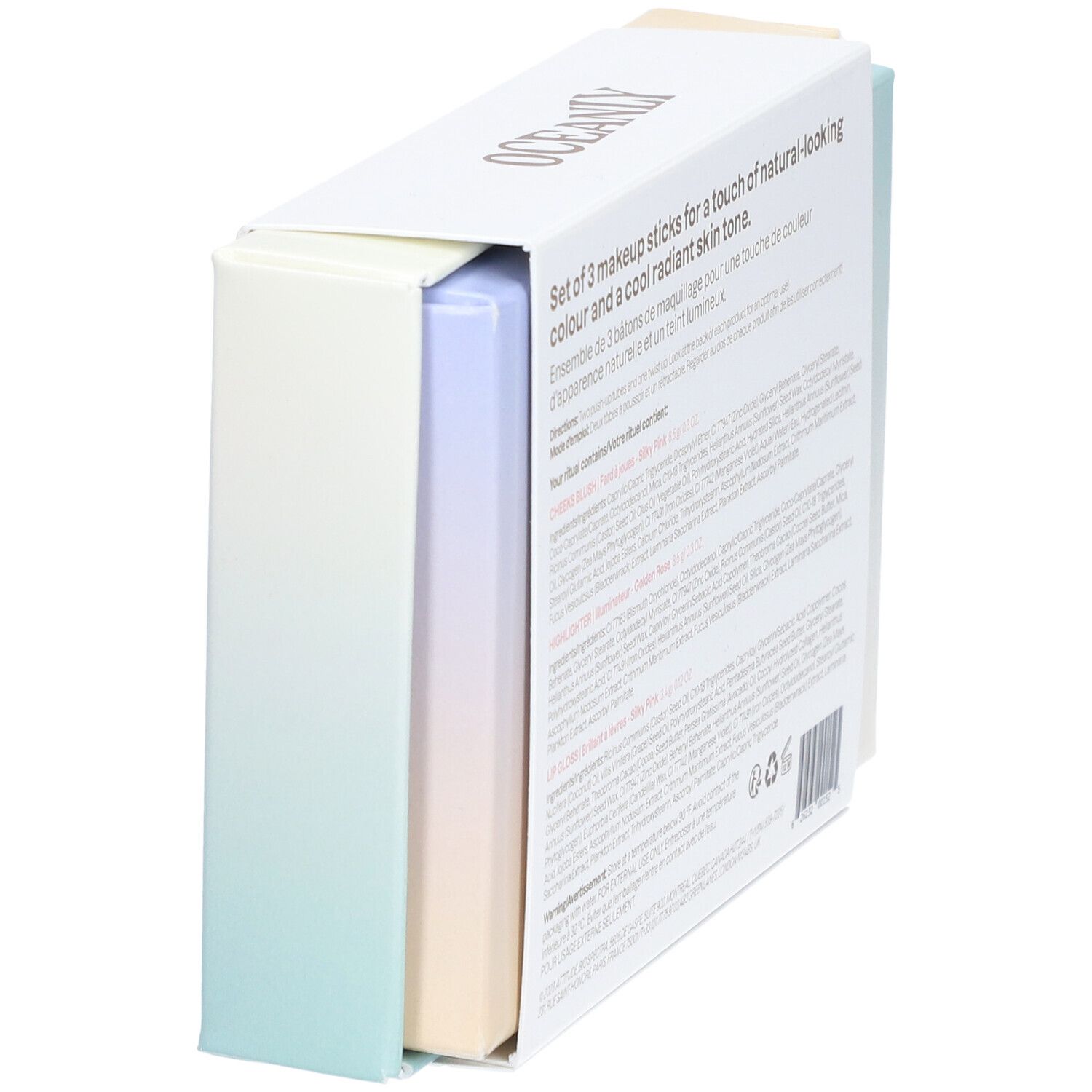 Dos du coffret cadeau. Vue en biais. Texte avec ingrédients et instructions.