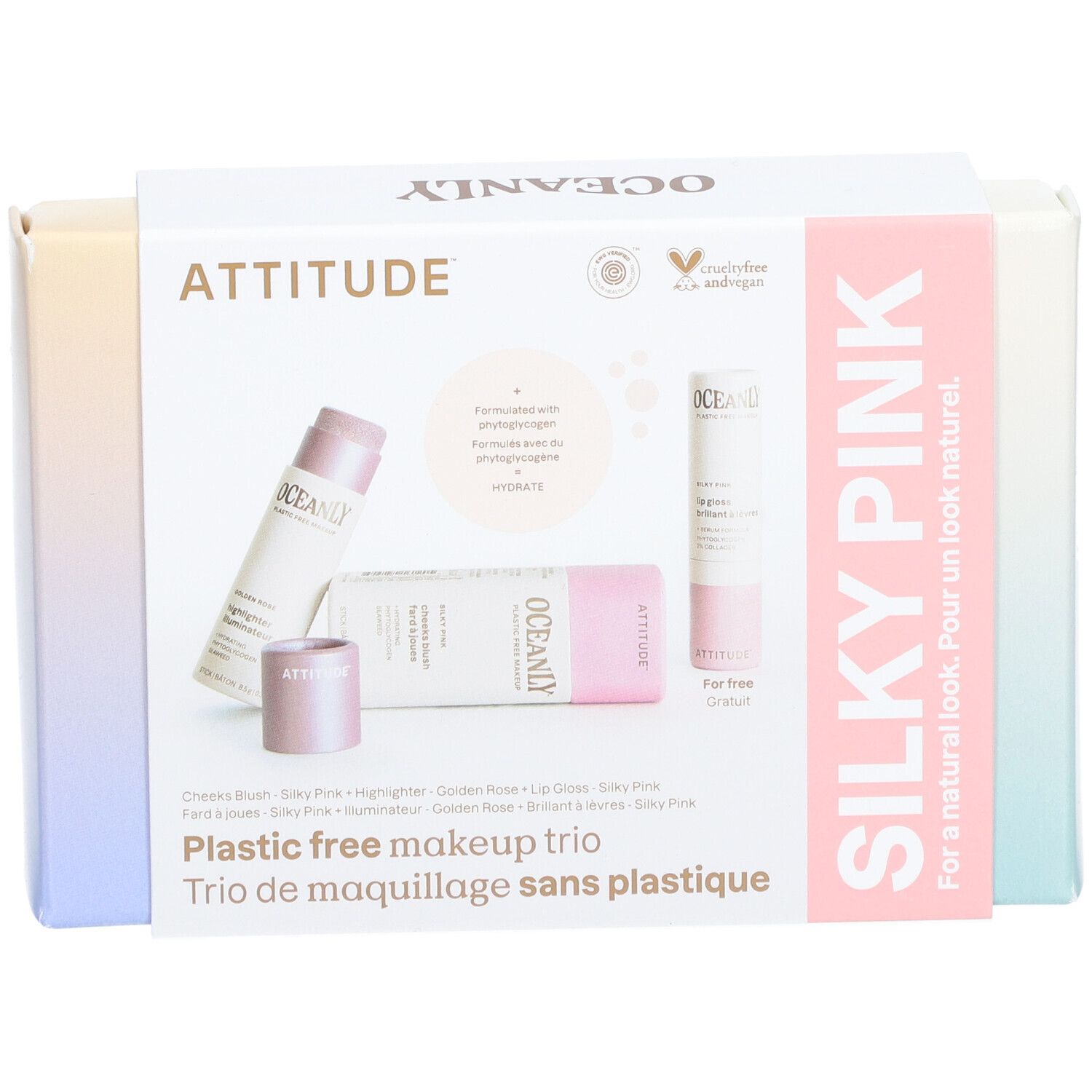 Coffret cadeau de trois produits cosmétiques. Emballage avec images et texte. Label végétalien.